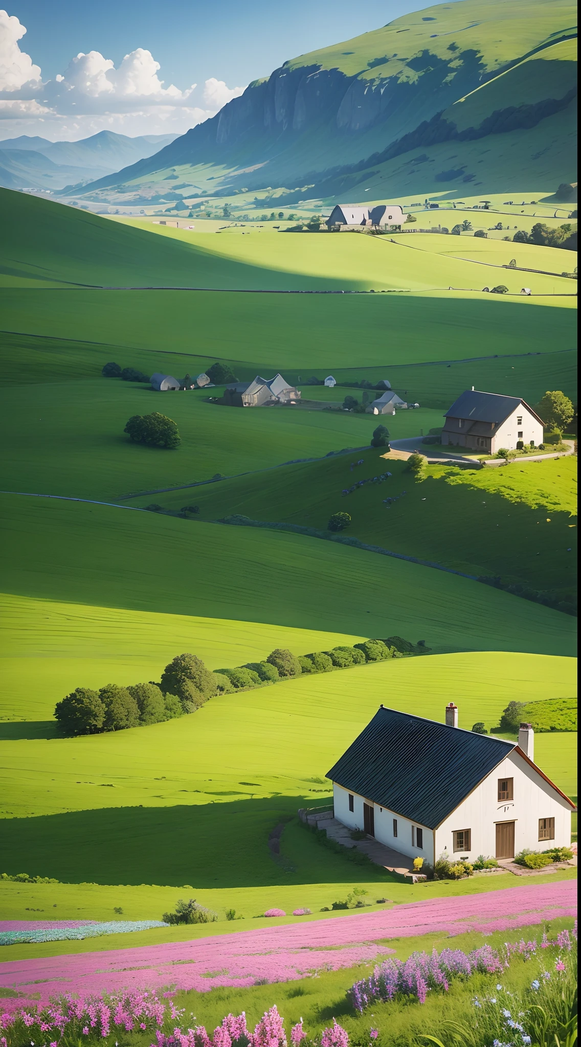 Peaceful and idyllic countryside, Rolling green hills dotted with grazing sheep, Charming farmhouse，Set amidst vibrant flowers, Clear blue sky overhead, Evokes a sense of peace and simplicity，green floor，Real shooting，Real Scene，Ultra HD ultra-wide angle