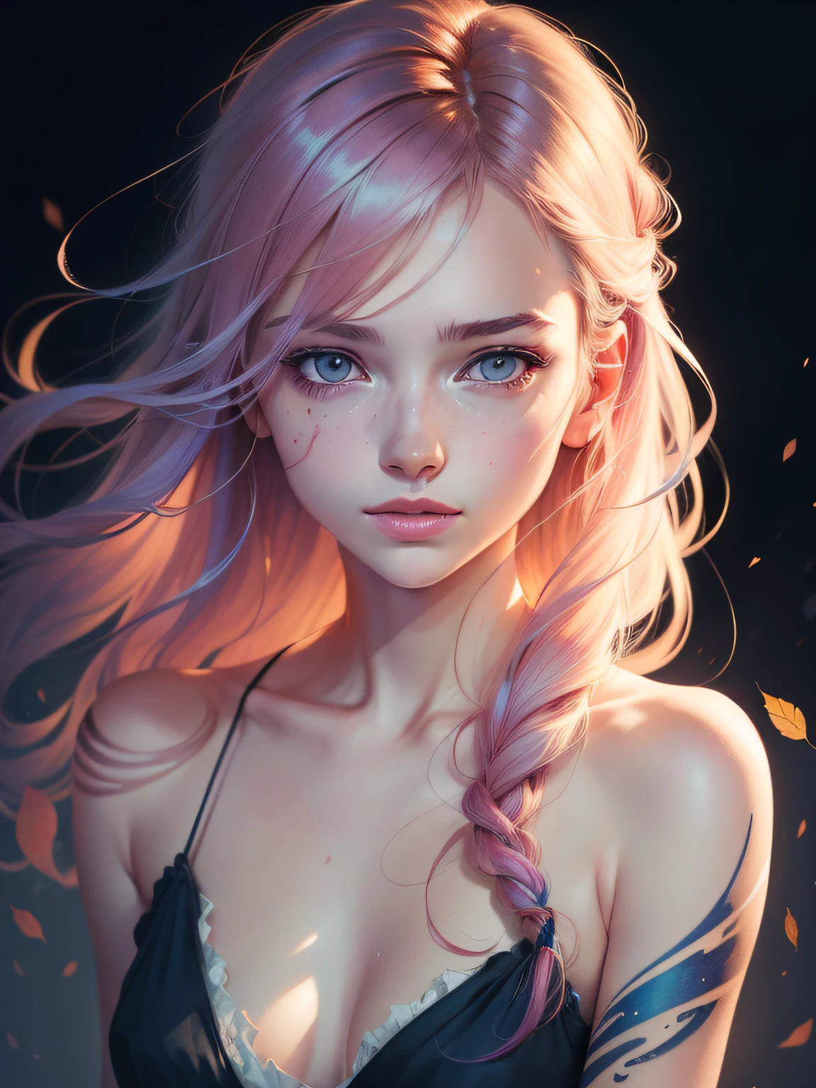 (8k, best quality, masterpiece:1.2),(best quality:1.0), (ultra highres:1.0), watercolor, a beautiful woman, shoulder, hair ribbons, by agnes cecile, half body portrait, extremely luminous bright design, pastel colors, (ink:1.3), autumn lights