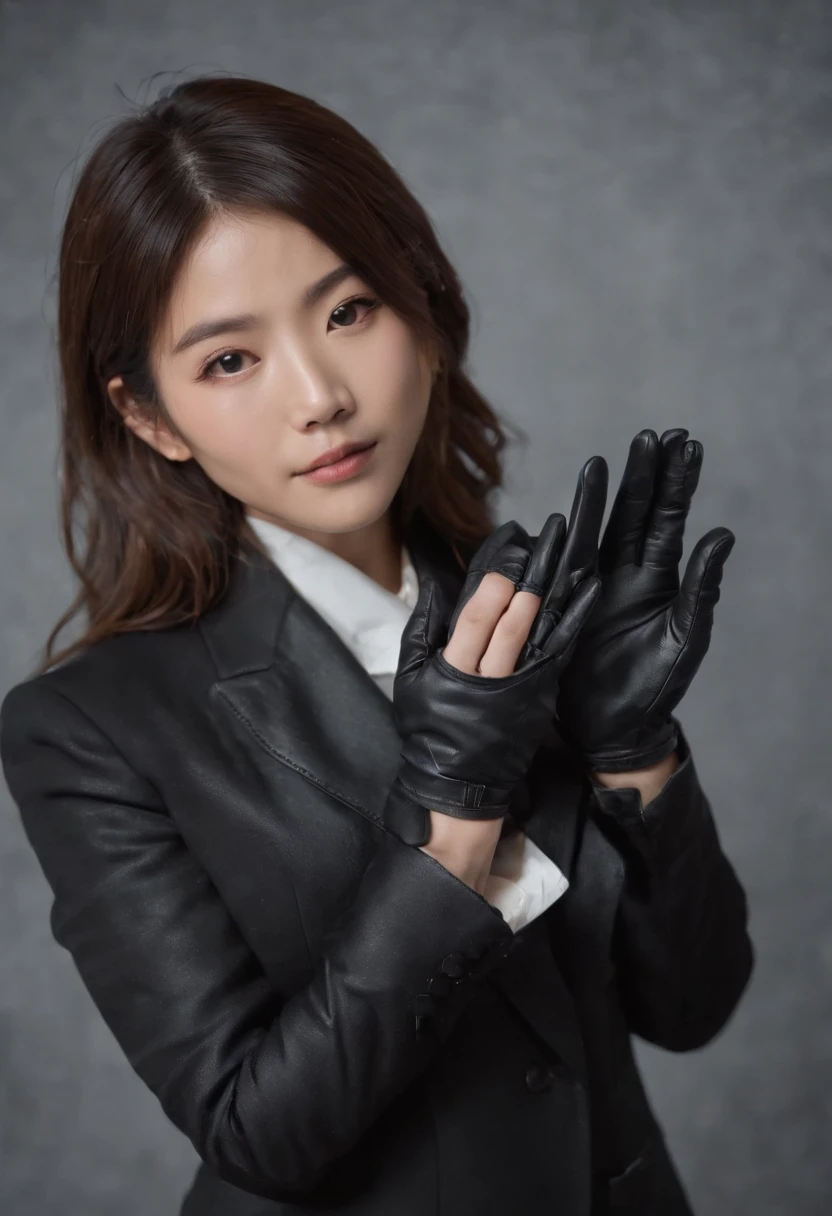 A young Japanese woman holding a black suit up to a shirt, a black leather glove worn in both hands, a woman's hand with a black suit and black leather gloves in front of her