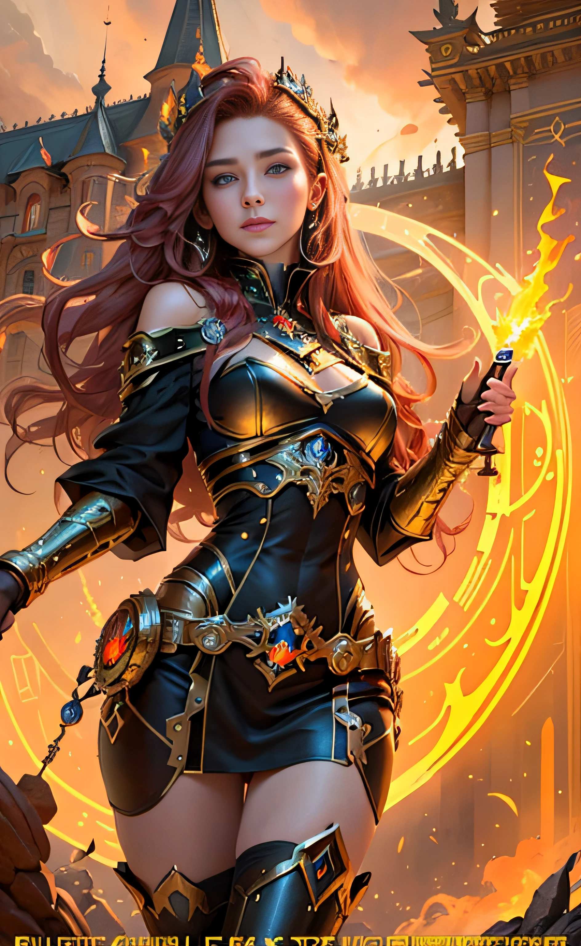 1girll, 8K quality，full bodyesbian, Mage style, Sexy goddess，The facial features are delicate and beautiful，Red long-haired，Fairy stick in hand，wands，Stand high，der riese，Architectural view of the ancient castle，blueglow，dark stormy clouds，Sky spaceship，Multiple planets，The setting sun burns the clouds，Jupiter，Mards，Tornado，Flaming，Goddess Mage，Large bearings，Stone dragon wall，Full of gold treasures，Gold and silver jewelry，Ultra-futuristic spaceship combat vehicle。