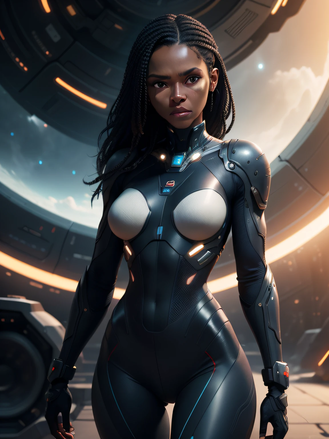 (realistic, photorealistic), dark skinned woman, (Zoe Saldana:0.6), landscape, movie screenshot, sharp details, the expanse scifi spacescape ceres colony, intricate, highly detailed, rich color, smooth, sharp focus, Unreal Engine 5, 8K, (blurry background, film grain, cinema shot, depht blur, volumetric dtx)