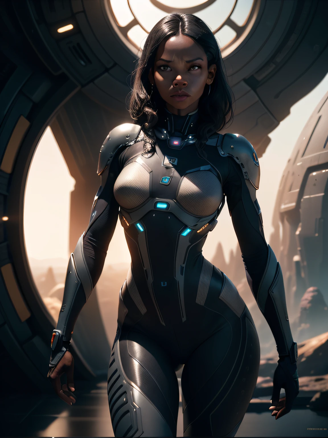 (realistic, photorealistic), dark skinned woman, (Zoe Saldana:0.6), landscape, movie screenshot, sharp details, the expanse scifi spacescape ceres colony, intricate, highly detailed, rich color, smooth, sharp focus, Unreal Engine 5, 8K, (blurry background, film grain, cinema shot, depht blur, volumetric dtx)