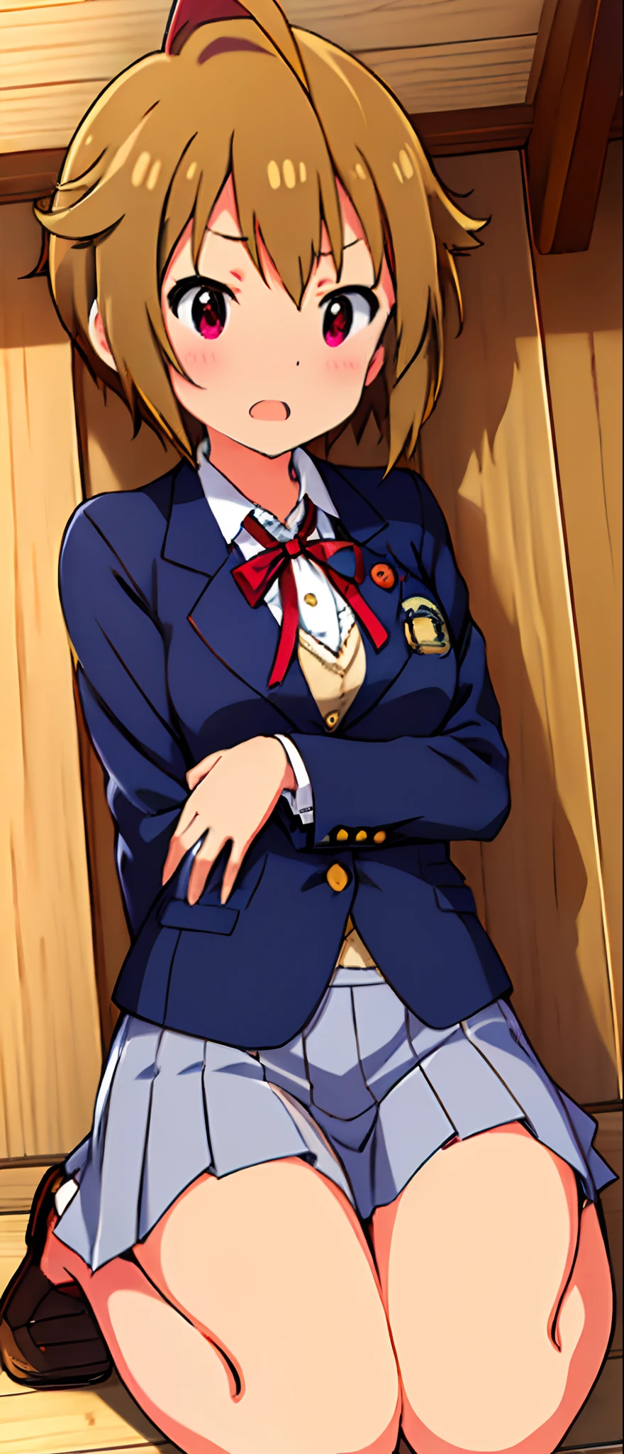 mirai kasuga (million live), (best quality, 8K, masterpiece, ultra detailed:1.2), a female, yo, solo, red ribbon tie, navy blue blazer, gray pleated skirt, (body shot), small breasts, half open mouth,5 finger,look down,embarrassed,panty,spread legs,(outdoor),kneel down