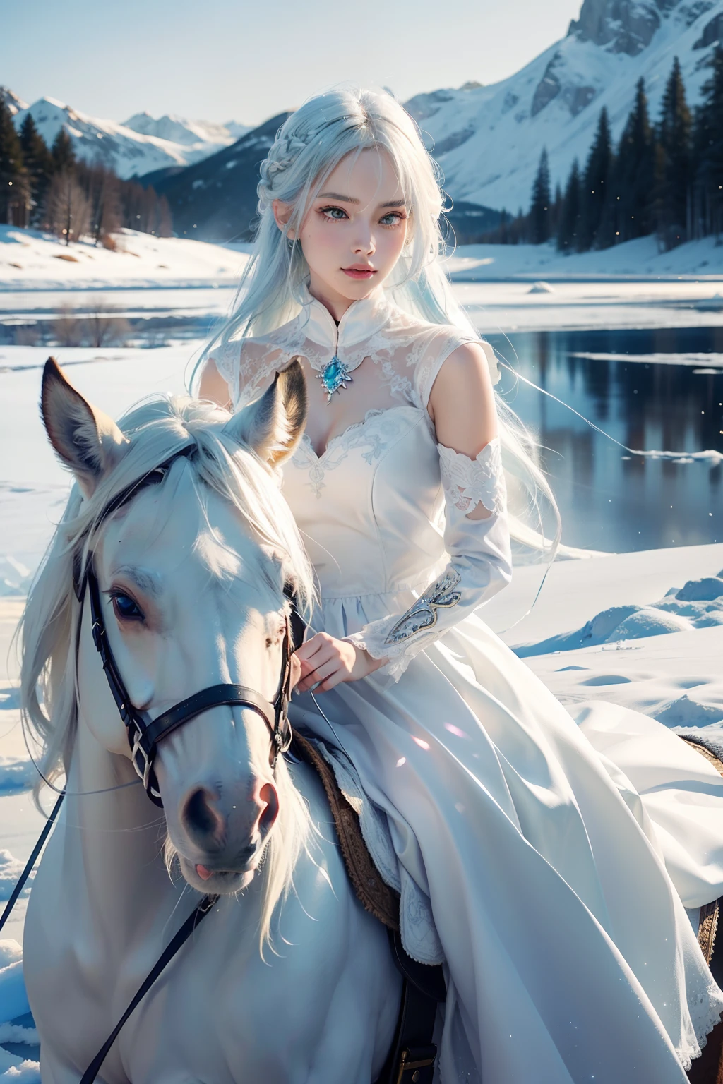 beautiful, young woman, in the crystal and ice area, fluttering snow, horse riding, a white hourse, bring one sword (weapon),  gradient hair, white hair, blue hair, long hair, eye reflection, disdain, ray tracing, reflection light, blurry, glowing light, depth of field, chiaroscuro, stereogram, zoom layer, cowboy shot, f/2.8, bokeh, masterpiece, best quality, high quality, HD