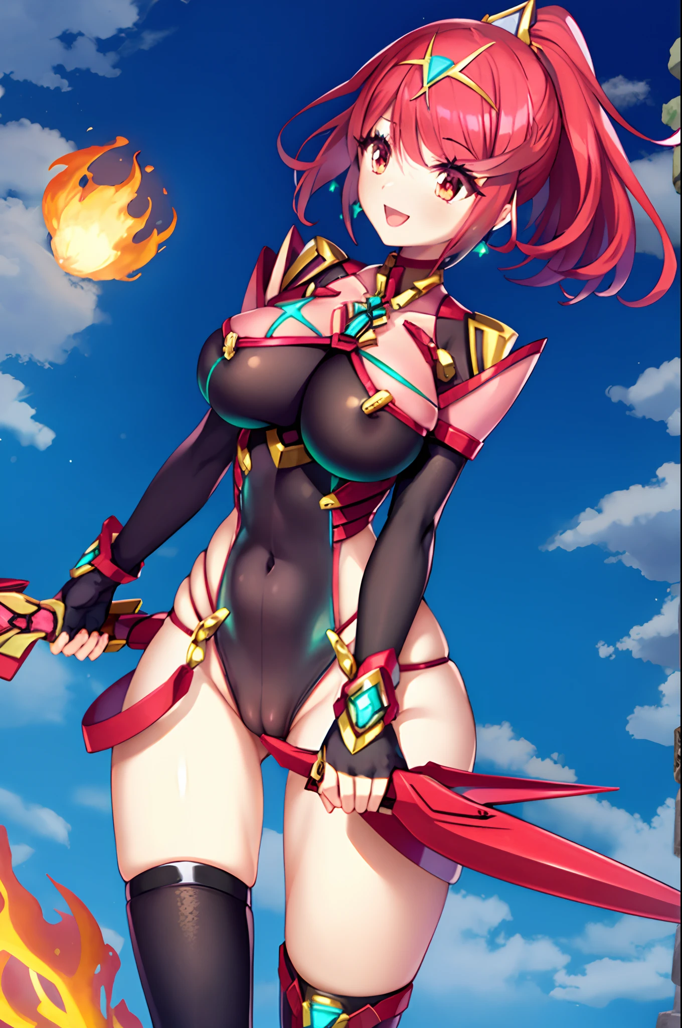 pyra \(xenoblade\), _1girl, lolings, black gloves, breasts, red eyes, shout, earrings, eyelashes, fingerless gloves, floating hair, , gem, gloves, hair ornament, headpiece, jewelry, big_breasts, leaning back, swimsuit, neon trim, official art, pose, red hair, saitou masatsugu, short hair, sidelocks, skin tight, solo, swept bangs, thighhighs, tiara, fantasy_town_background, underbust, xenoblade chronicles \(series\), (xenoblade chronicles 2), (spread_legs:1.1), fire_effect,dynamic_pose,fighting,light_smile, (plump:1.1), big_ass,huge_sword, hold_large_sword_hilt, covered_nipples, covered_pussy, fists,ponytail,beautiful_fingers,(solo:1.1), bare_shoulder,(shoulder_naked:1.2), nipple_jewel,