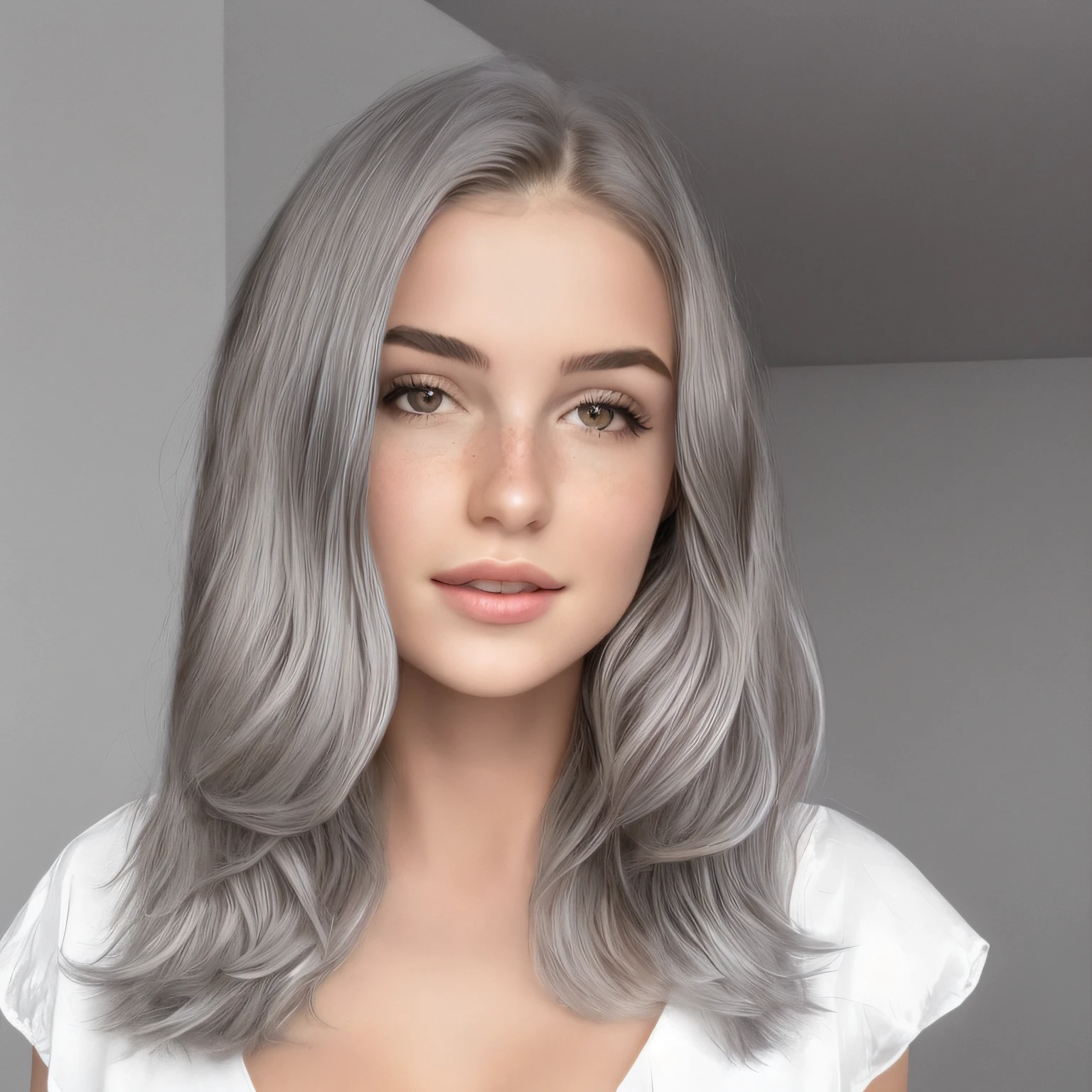 Frau mit grauen Haaren und Krawatte, die vor einem Busch steht, perfect white haired girl, Kailee Mandel, flowing white-gray hair, ihr Haar ist silbern, flowing silver hair, silbernes Haar tragen, langes silbernes Haar, Girl with silver hair, silberhaarig, Girl silver hair, Silbernes Haar, hellgraues Haar, her hair is white, weißhaarig