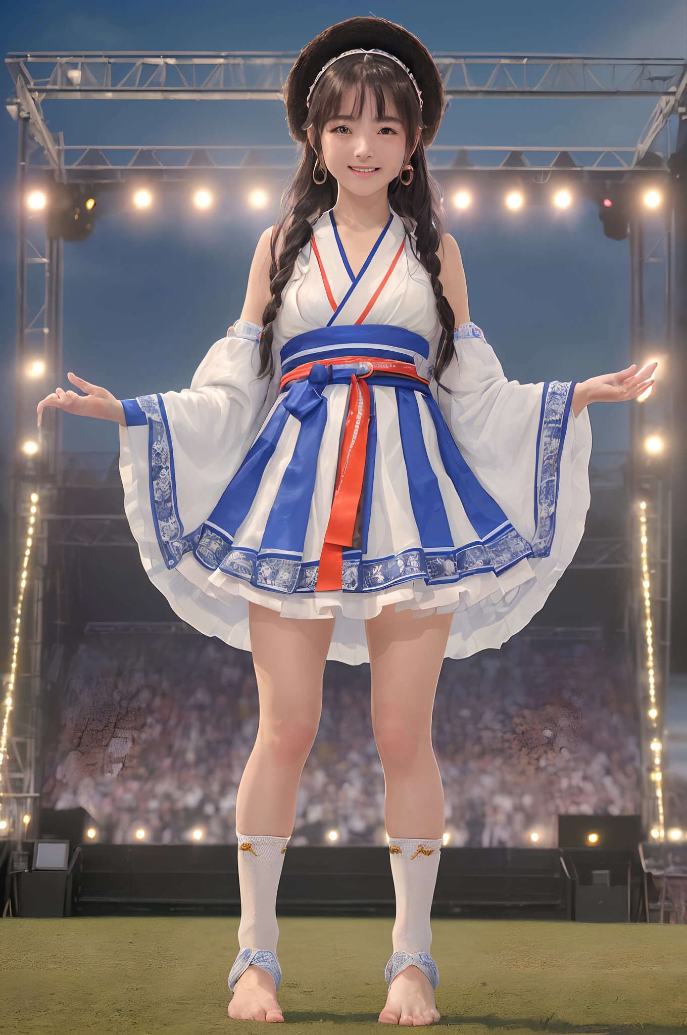 ((8K、Raw photography、Top image quality、masterpiece、:1.2)), (realisitic、Photorealsitic:1.3), Ainu female idols, Cute 15 year old woman in Ainu costume, Female Idol Style Costume, Beautiful bare feet, Smile with all your might, Stage of an outdoor concert venue, Background of Hokkaido, cowboy shot, dynamic ungle