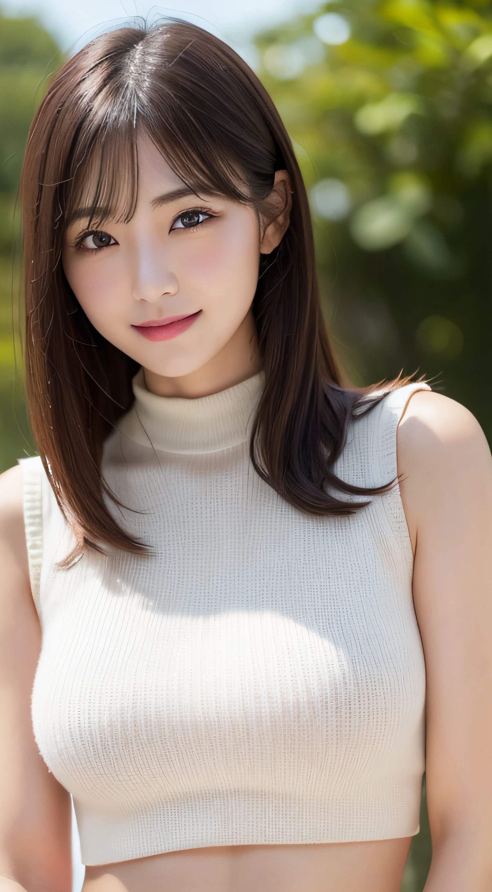 masutepiece, Best Quality, Photorealsitic, finely detail, hight resolution, 8K Wallpapers, Perfect dynamic composition, Beautiful detailed eyes, Medium Hair, large full breasts, Random and sexy poses,Bring your chest together、(Full Open Mock Neck Crop Tank Top White Knitwear、Cleavage looks realistic)、(Breast bulge 1.2)、A smile、open open mouth、Resort scenery、26 year old、(Drooping eyes 1.4)、Adult beauty、japanes