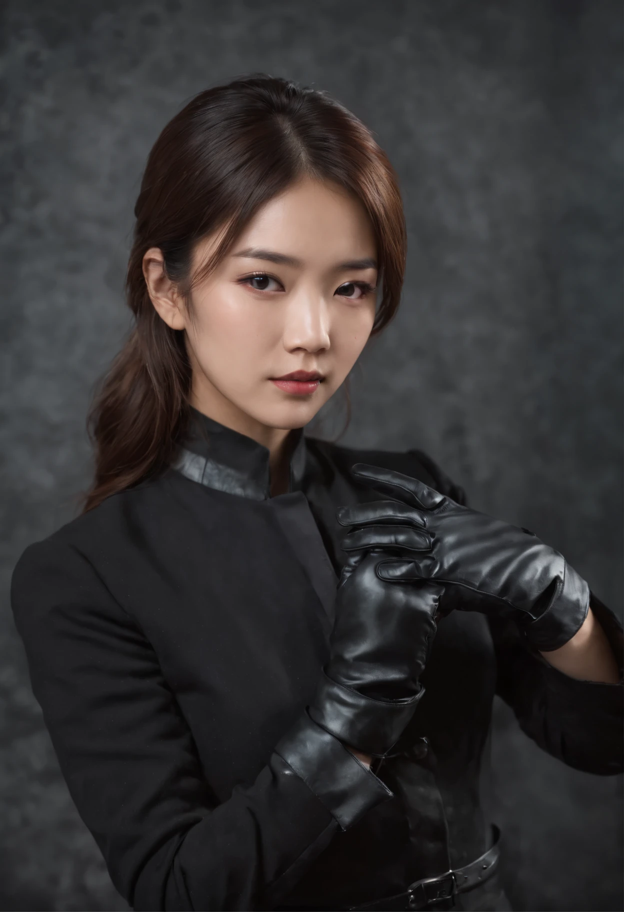A young Japanese woman holding a black suit up to a shirt, a black leather glove worn in both hands, a woman's hand with a black suit and black leather gloves in front of her