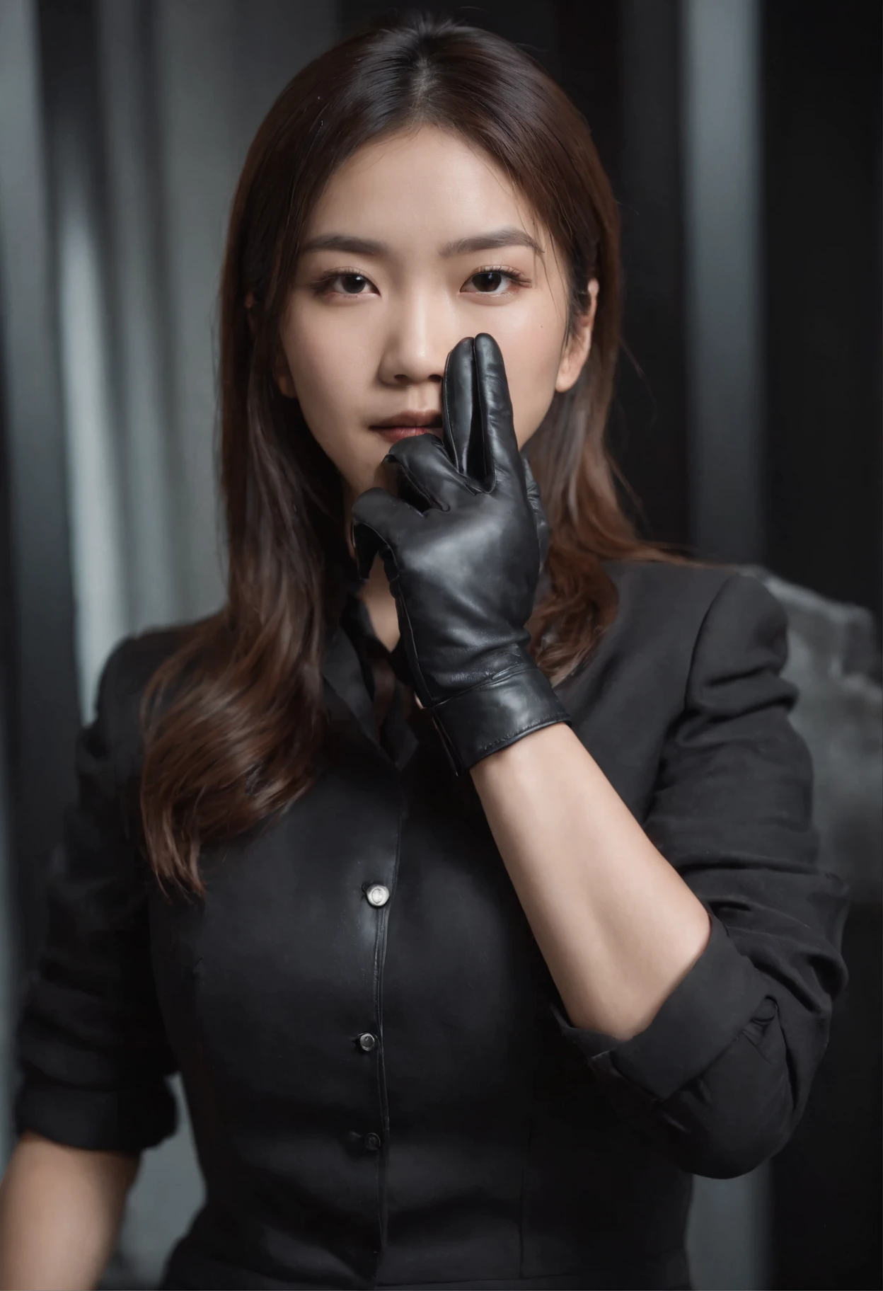 A young Japanese woman holding a black suit up to a shirt, a black leather glove worn in both hands, a woman's hand with a black suit and black leather gloves in front of her