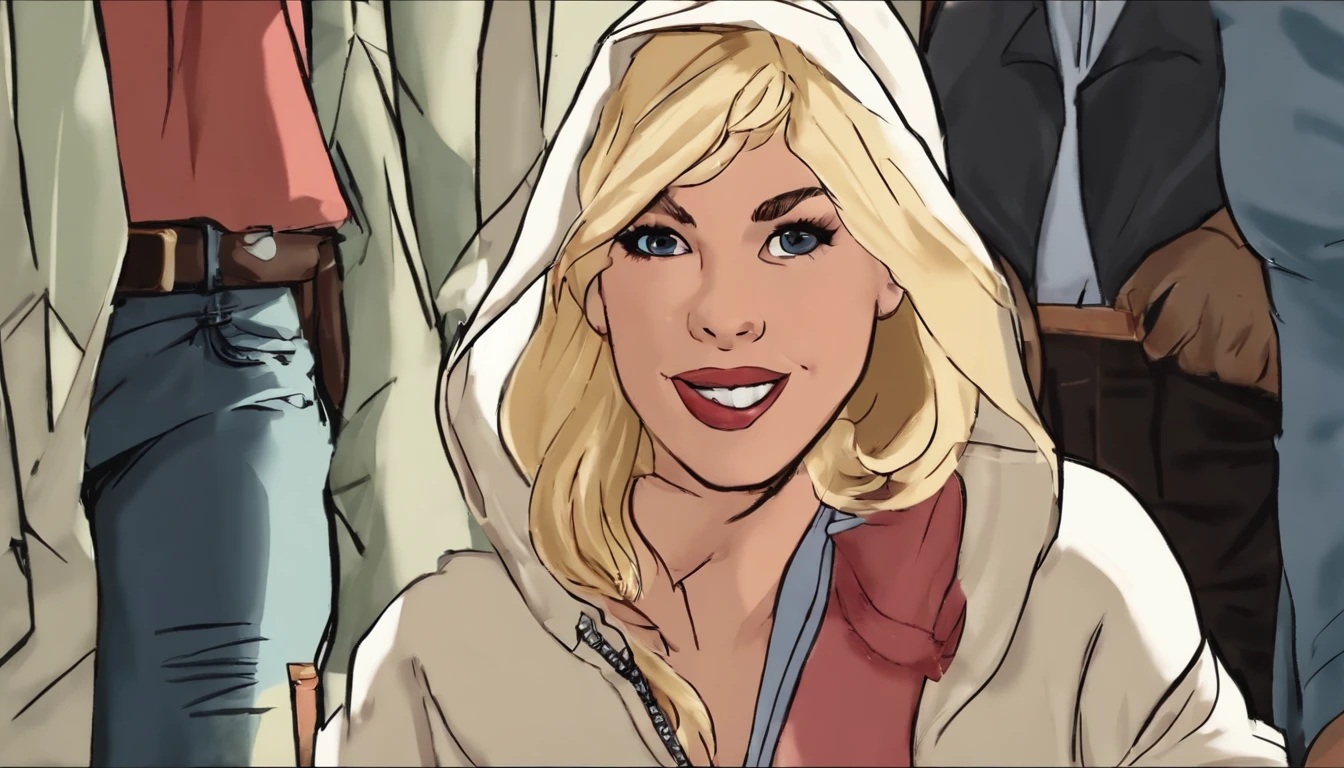 (Gwen Stacy:1.1), ultra-detalhado, illustration, alto contraste, uma mulher olhando para o espectador, Expressivo, sozinho, Olhos detalhados, Hands in pockets, sobrancelha levantada, (Shy smile:0.7), dentes desabados;, dia, (zipper, Hood, Capuz branco, capuz para cima:1.2), (Capuz interno rosa:0.7), cidade, sidewalk, inverno, Antecedentes detalhados, (cintura, jeans, cowboy shot:1.1)