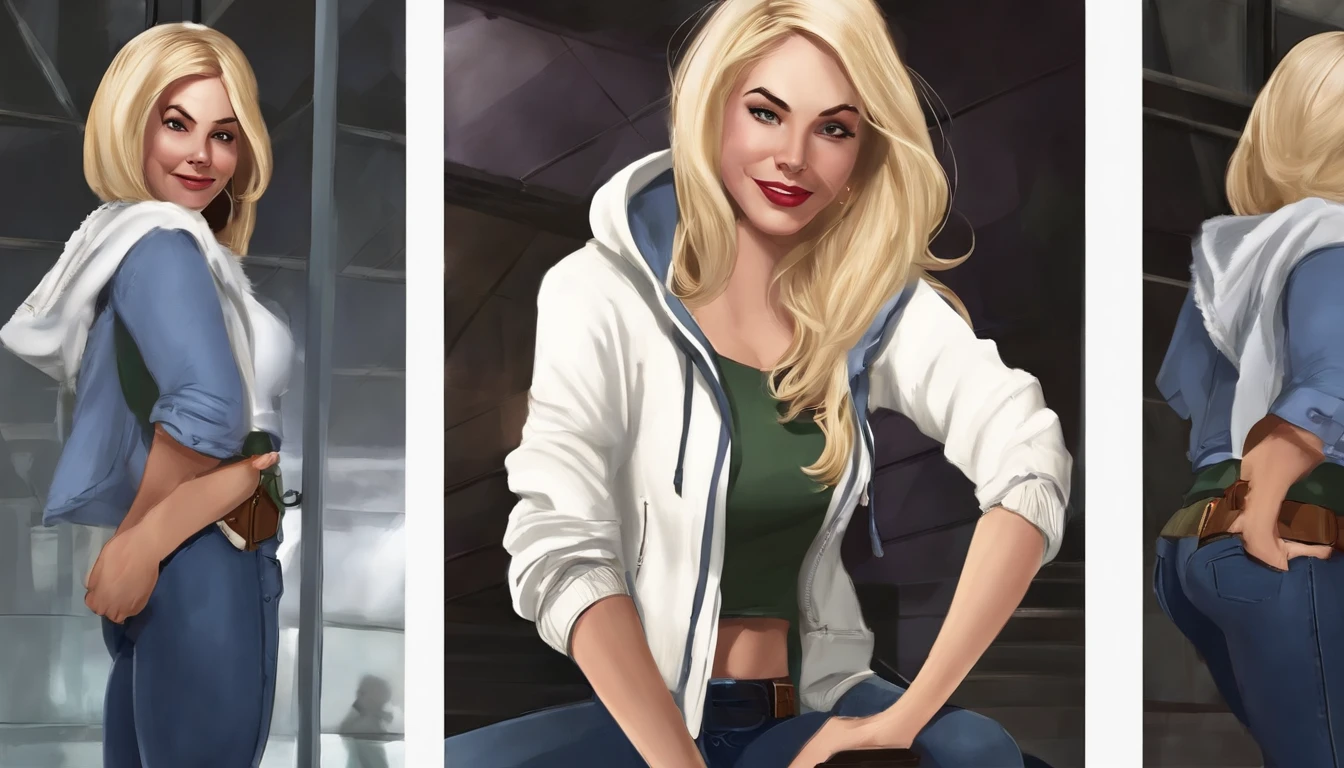 (Gwen Stacy:1.1), ultra-detalhado, illustration, alto contraste, uma mulher olhando para o espectador, Expressivo, sozinho, Olhos detalhados, Hands in pockets, sobrancelha levantada, (Shy smile:0.7), dentes desabados;, dia, (zipper, Hood, Capuz branco, capuz para cima:1.2), (Capuz interno rosa:0.7), cidade, sidewalk, inverno, Antecedentes detalhados, (cintura, jeans, cowboy shot:1.1)