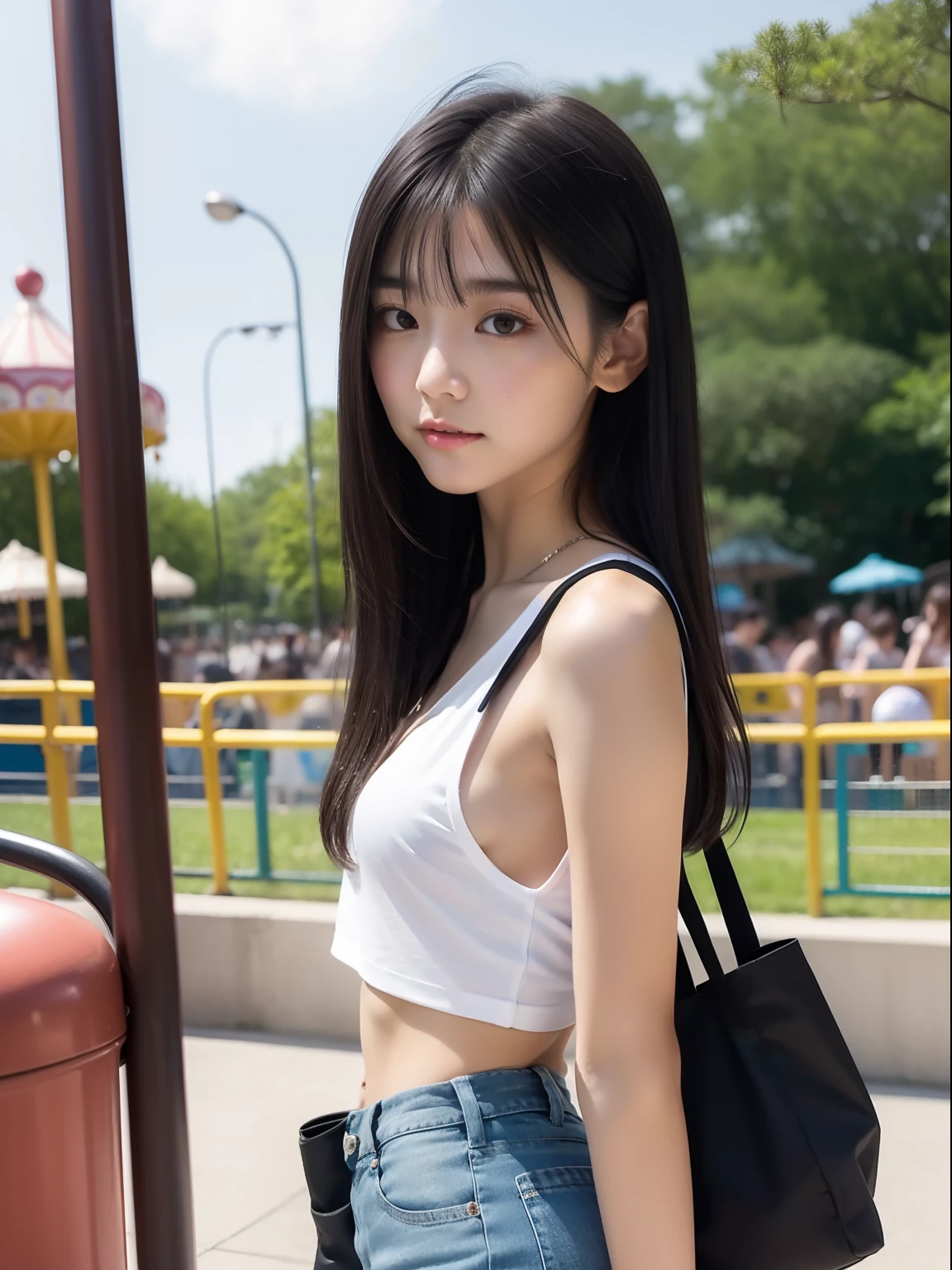 年轻，(a miniskirt)，a black T-shirt，teens girl，Delicate body，petite body，Delicate body，small tits，tiny chest，Short，A dark-haired，Very Longhair，An amusement park，Bag