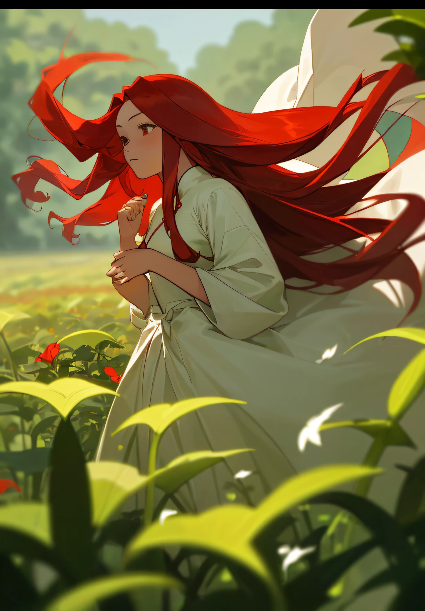 (The masterpiece here is the best) 1 Girl with long red hair is not required in a field of green plants and flowers, Lao hands under the chin while a warm white dress in a blur.