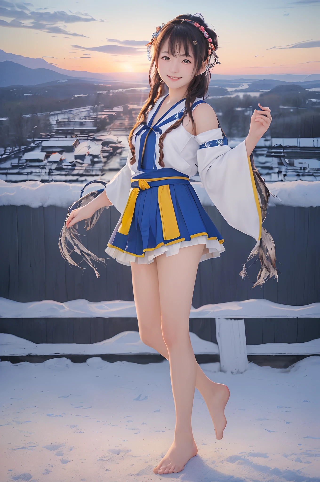 ((8K、Raw photography、Top image quality、masterpiece、:1.2)), (realisitic、Photorealsitic:1.3), Ainu female idols, e 15 man in Ainu costume, Female Idol Style Costume, Beautiful bare feet, Smile with all your might, Stage of an outdoor concert venue, Background of Hokkaido, cowboy shot, dynamic ungle