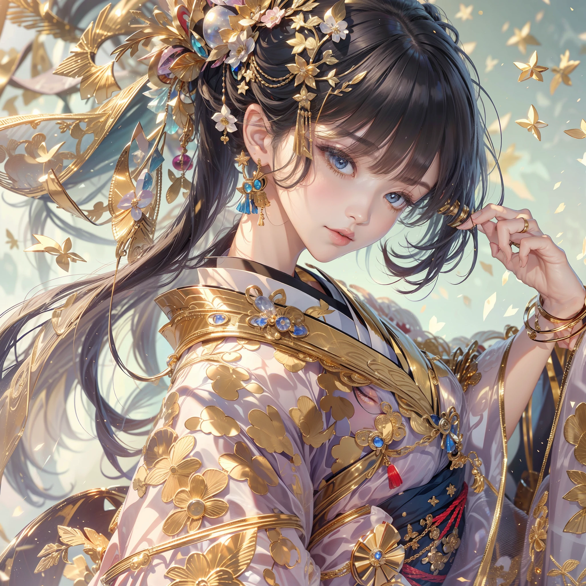 watching at viewers,Dense background(In Kyoto、starryskybackground,dense background),perfect hand、Break poneyTail、Woman with shiny black hair、 Elaborate Costume{Luxury kimono(Colorful kimono(Detailed golden embroidery,))}、face perfect,Depict a beautiful and graceful woman of Japan。Heart in the eye。full body Esbian。 Wallpaper 8K, .Blur the background with a sickle,((masutepiece)), ((Best Quality))