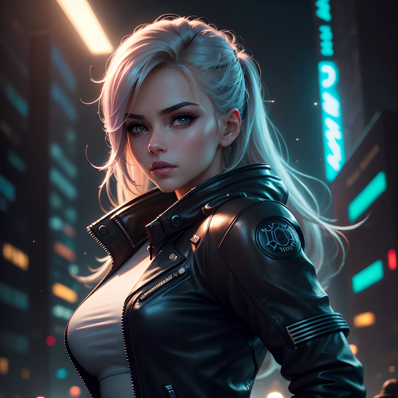 hyper realistic, lifelike texture, dramatic lighting, (best quality:1.1), depth of field, nighttime, in a futuristic cyberpunk city, HDR, shallow depth of field, broad light, high contrast, backlighting, bloom, light sparkles, chromatic aberration, sharp focus, futuristic clothing, leather jacket, beauty512, lnchuu,