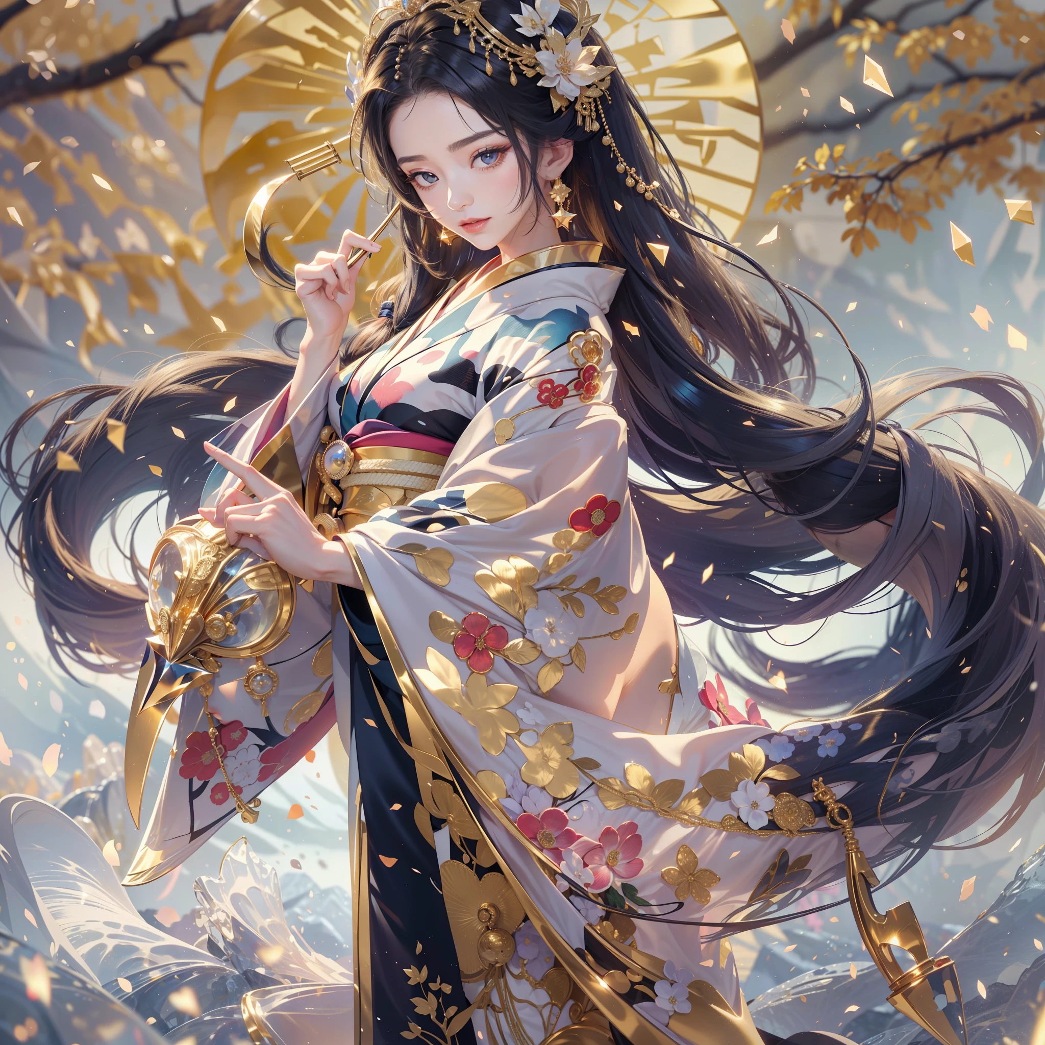 watching at viewers,Dense background(In Kyoto、starryskybackground,dense background),perfect hand、Break poneyTail、Woman with shiny black hair、 Elaborate Costume{Luxury kimono(Colorful kimono(Detailed golden embroidery,))}、face perfect,Depict a beautiful and graceful woman of Japan。Heart in the eye。full body Esbian。 Wallpaper 8K, .Blur the background with a sickle,((masutepiece)), ((Best Quality))
