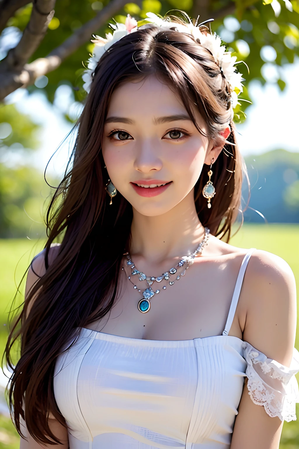 1girl、Earrings of bird feathers up to the shoulders、a necklace、Hippie style、a smile、The upper part of the body、a closeup、8k、RAW Photography、top-quality、masterpiece、realisitic、Photorealsitic、