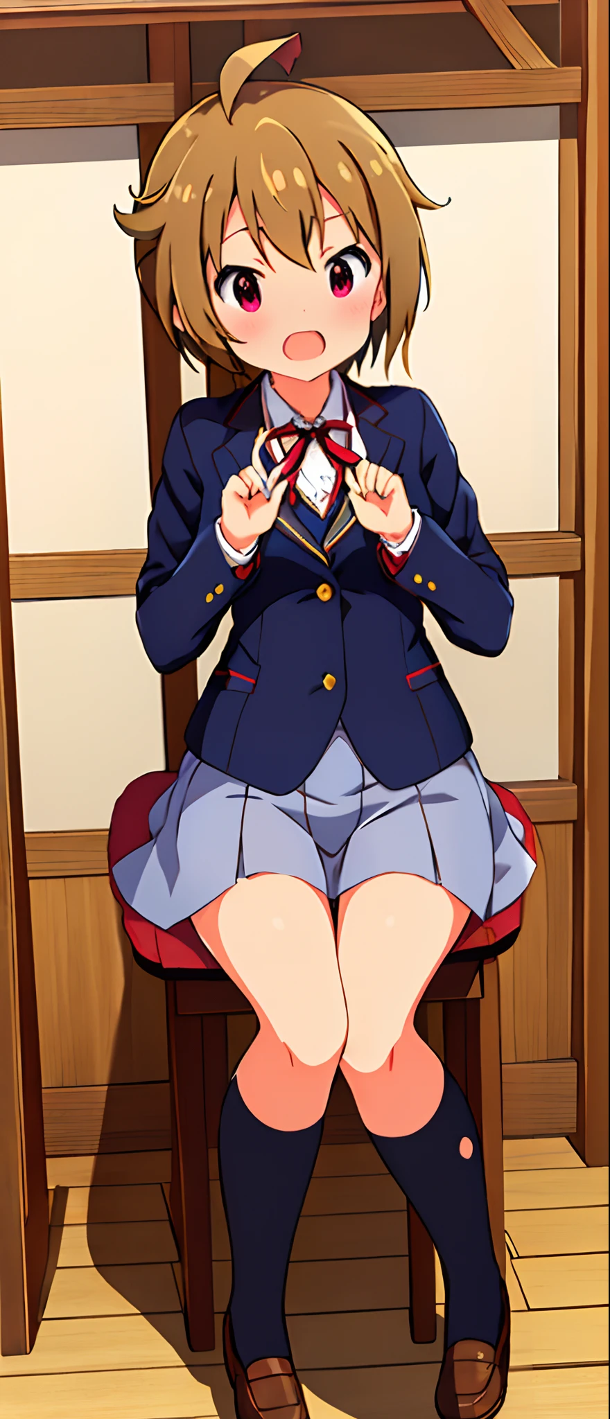 mirai kasuga (million live), (best quality, 8K, masterpiece, ultra detailed:1.2), a female, yo, solo, red ribbon tie, navy blue blazer, gray pleated skirt, (body shot), small breasts, half open mouth,5 finger, embarrassed, panty, (outdoor)