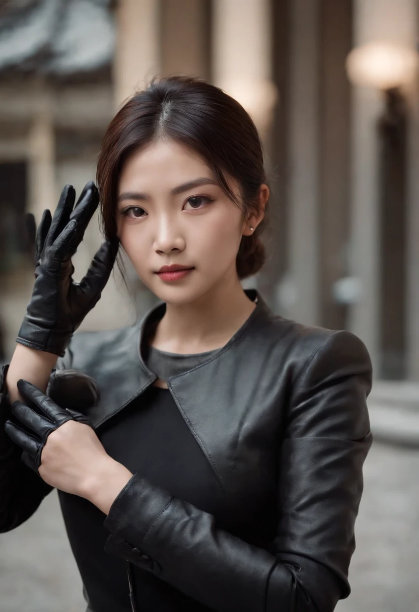 A young Japanese woman holding a black suit up to a shirt, a black leather glove worn in both hands, a woman's hand with a black suit and black leather gloves in front of her