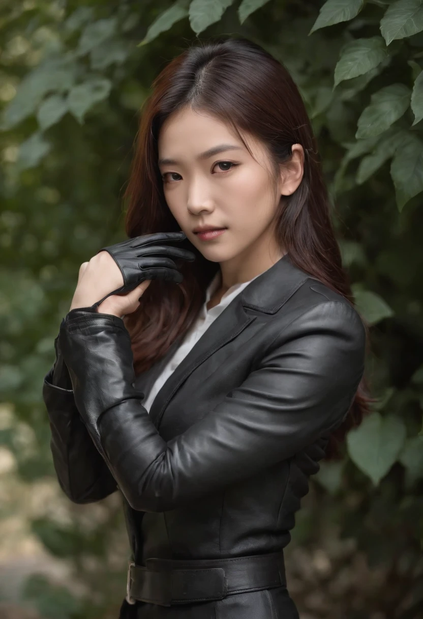 A young Japanese woman holding a black suit up to a shirt, a black leather glove worn in both hands, a woman's hand with a black suit and black leather gloves in front of her
