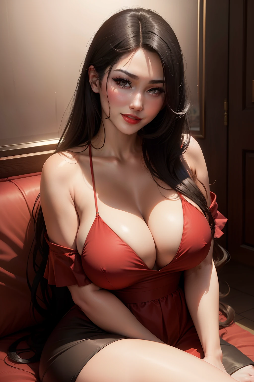 cleavage, black hair, cleavage, lucy pinder, cloth dress, portrait, red lips, smiling, straight hair, neckline, asian woman, portrait, red lips, sitting