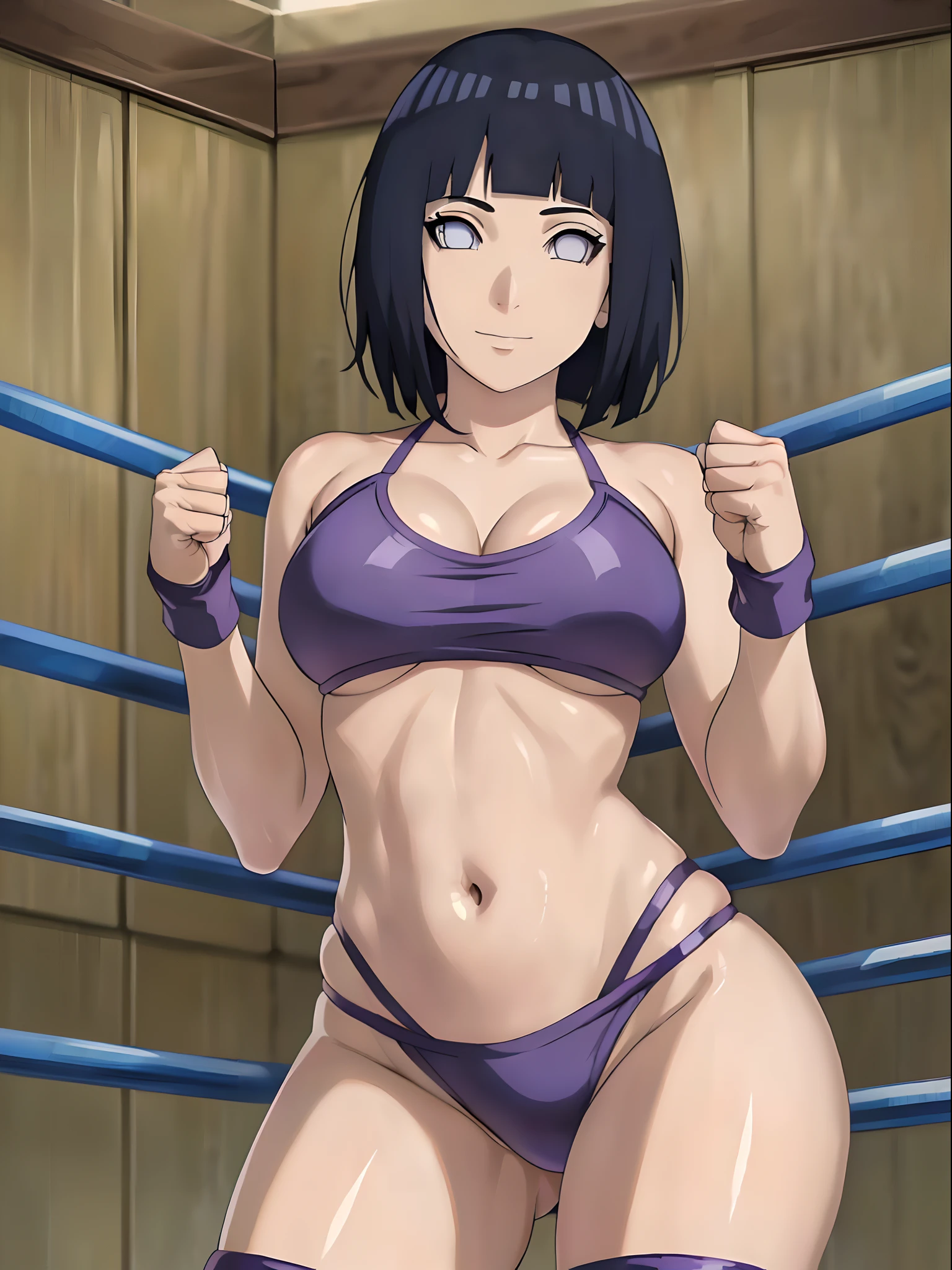 anime style, wrestling ground, (hinata\(boruto\), (female wrestler), (slender body), mature woman, milf, (bikini, pro wrestling gear) victorious, gorgeous, winner, kind face, smile, closed mouth, pale skin, shiny skin, (dark blue hair color:1.1), wavy hair, ((short hair, hime cut), big breasts, (only one arm stretching), long belly, closed fists, seductive, (perfect eyes, white sciera, bright eyes, white eyes, anime eyes, smoky eyeliner, eyeshadow)