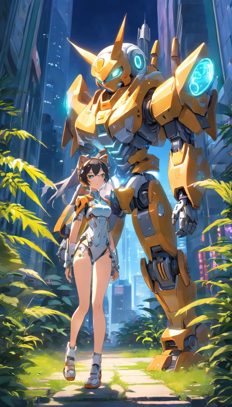 ((masterpiece, better quality)),illustration,ultra detailed 8k,photorealistic,sharp focus,very detailed,professional lighting,colorful details,iridescent colors BREAK extremely long plan of a factory,large mechanical robot construction,microchip,computer,glossy, intricate details,shitu-mecha,1girl stands next to Mecha, Gundam, navel, cute, sexy