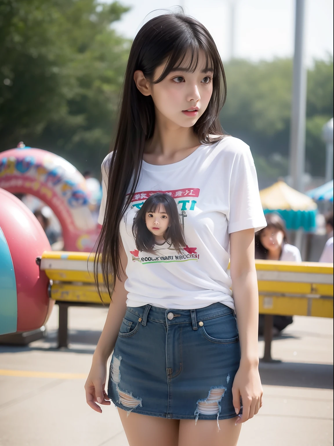 Highest quality、8k、Junior high school girl、、T-Shirts、Denim shorts、Black knee-high socks、sit、Spread your legs