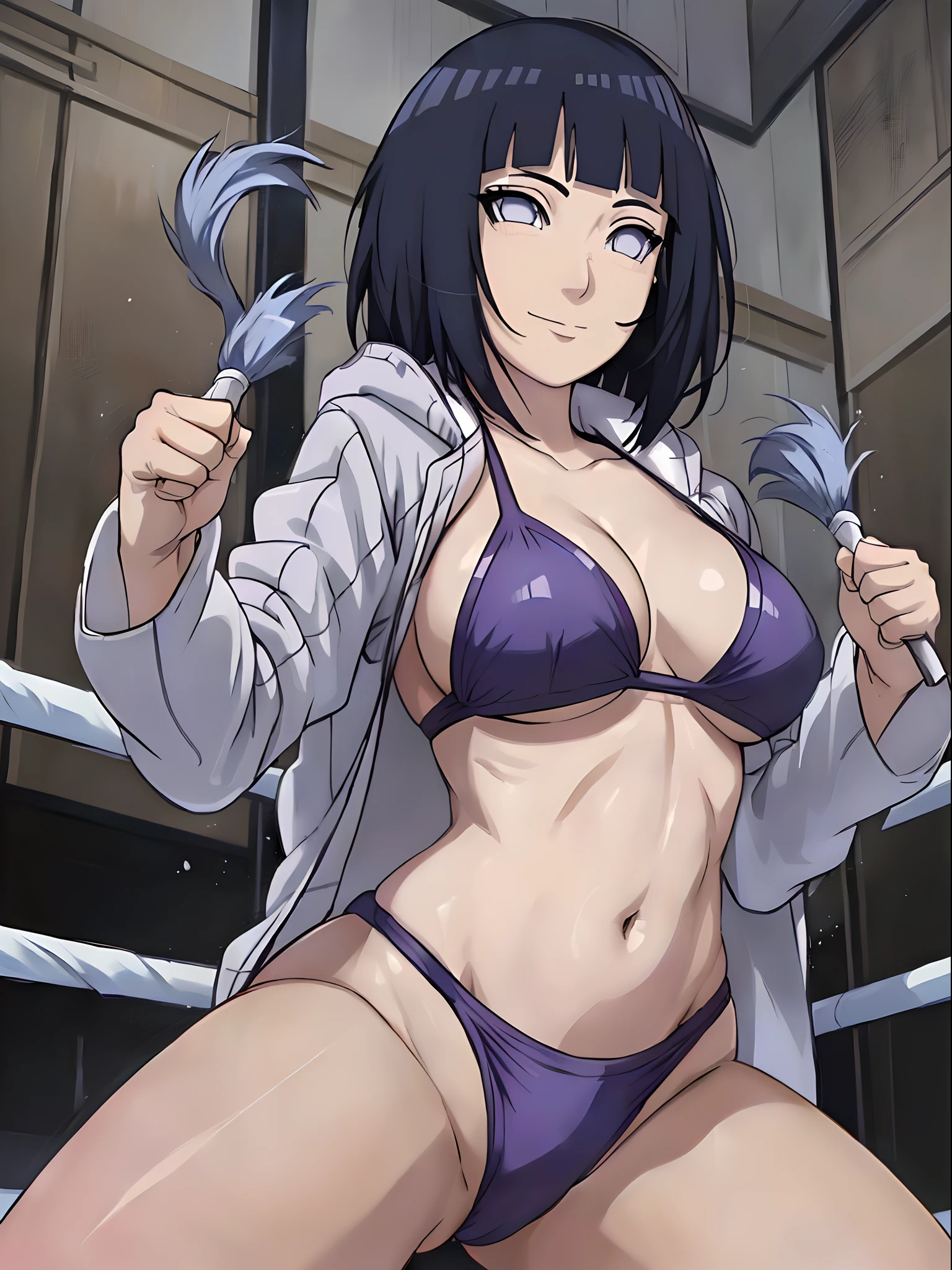 anime style, wrestling ground, (hinata\(boruto\), (female wrestler), (slender body), mature woman, milf, (bikini, pro wrestling gear) victorious, gorgeous, winner, kind face, smile, closed mouth, pale skin, shiny skin, (dark blue hair color:1.1), wavy hair, ((short hair, hime cut), big breasts, (only one arm stretching), long belly, closed fists, seductive, (perfect eyes, white sciera, bright eyes, white eyes, anime eyes, smoky eyeliner, eyeshadow)