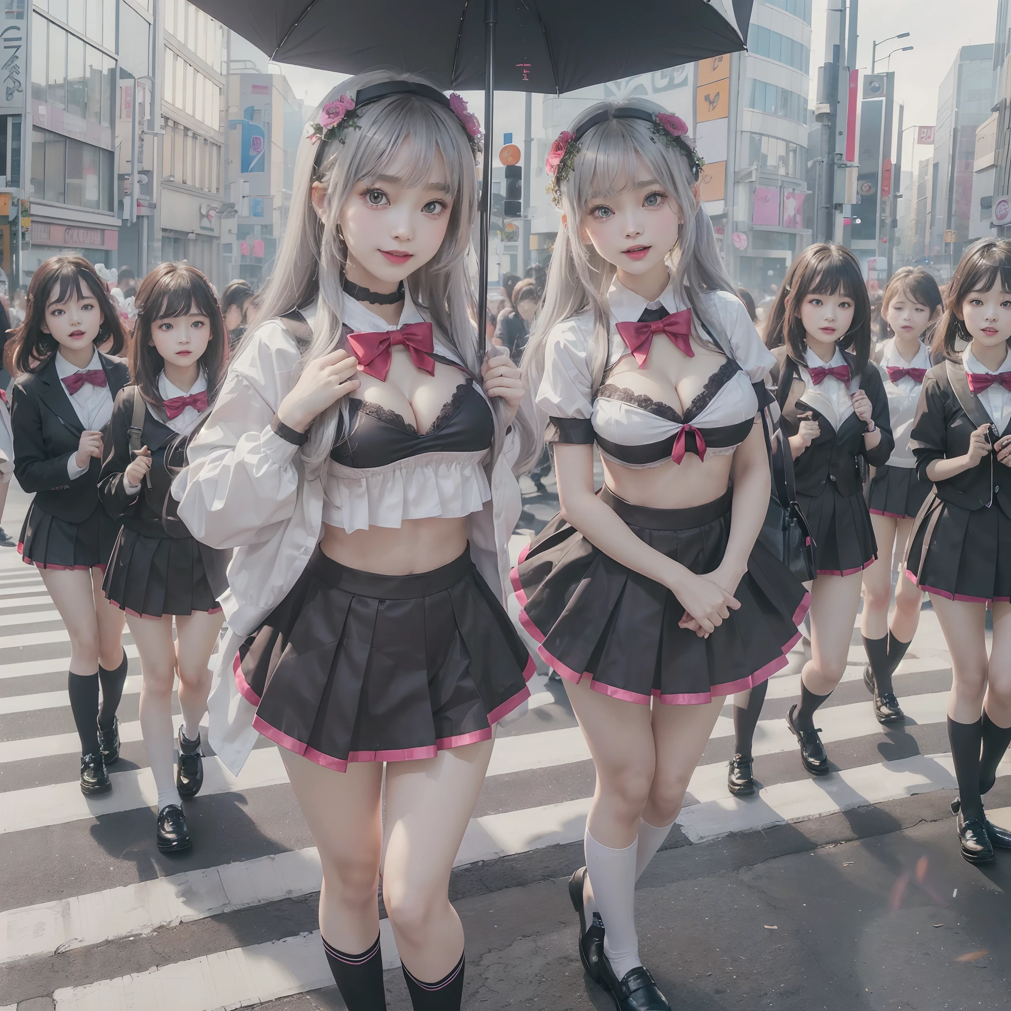 (SFW, 12 Tiny Girls in a row:1.2, Shibuya Hachiko-mae scramble crossing on Halloween:1.2), (masterpiece:1.2, best quality, photorealistic:1.37), {(Standing Full Body:1.2)|(from below:1.2)}, short silver hair, {School Uniform|naked bandage|tutu}, (Detailed KAWAII face, Detailed Oily Porcelain skin), {Bustling street|(Passerby girls)| halloween| neon}, {(Childish:1.2|Gigantic Cleavage:1.37|Underboob:1.2)}, {flower wreath|Red leather high collar}, {Floating hair|Strong wind|Ass focus},{:p|:d|laugh|sparkle|joyful|delighted},