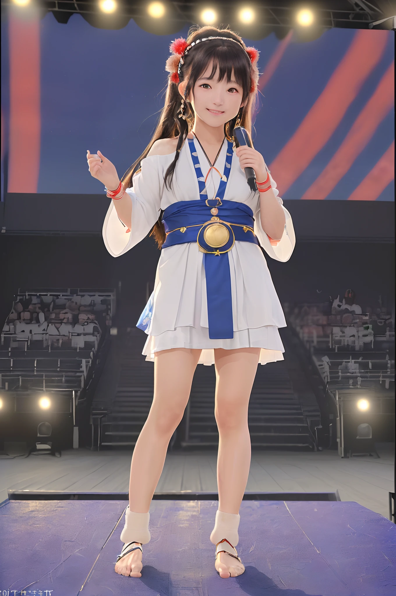 ((8K、Raw photography、Top image quality、masterpiece、:1.2)), (realisitic、Photorealsitic:1.3), Ainu female idols, e 15 man in Ainu costume, Female Idol Style Costume, Beautiful bare feet, Smile with all your might, Stage of an outdoor concert venue, Background of Hokkaido, cowboy shot, dynamic ungle