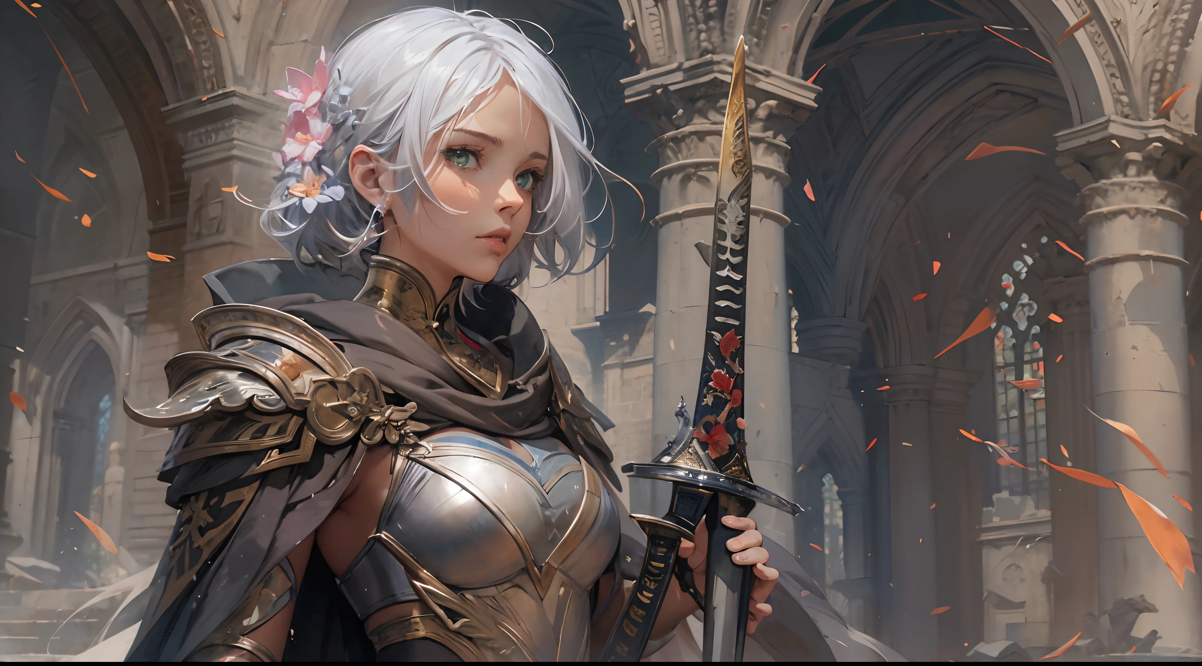 (by Greg Rutkowski: 1.2), (masterpiece), (best quality), extremely delicate and beautiful, illustration, a woman with sword in front of ruins of a cathedral, standing in ruins, noelle (genshin impact), 1girl, weapon, armor, holding weapon, sword, holding, holding sword up, from behind, 1girl, (green_eyes:1.2//), silver hair, short_hair, medium_breasts, hair_flower. From Brian Froud and Carne Griffiths and Wadim Kashin and John William Waterhouse, 8K post-production, high resolution, hiper detailed, depth of field, HDR, intricate