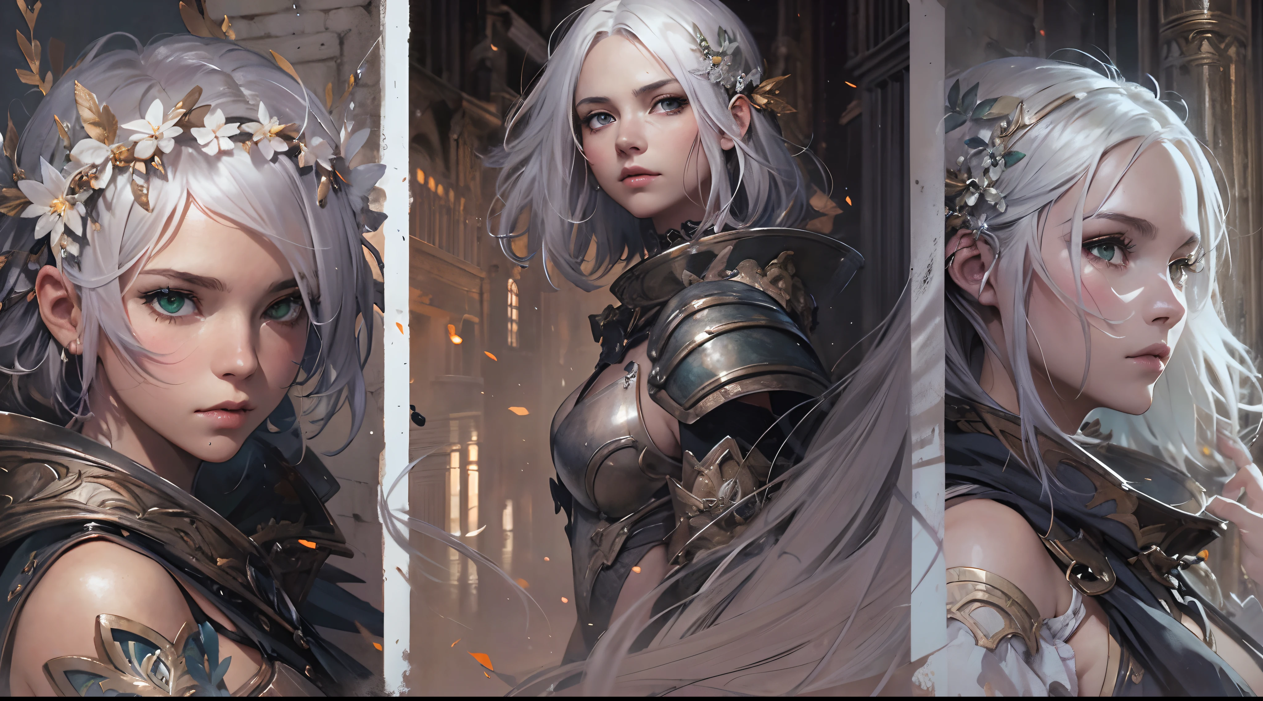 (by Greg Rutkowski: 1.2), (masterpiece), (best quality), extremely delicate and beautiful, illustration, a woman with sword in front of ruins of a cathedral, standing in ruins, noelle (genshin impact), 1girl, weapon, armor, holding weapon, sword, holding, holding sword up, from behind, 1girl, (green_eyes:1.2//), silver hair, short_hair, medium_breasts, hair_flower. From Brian Froud and Carne Griffiths and Wadim Kashin and John William Waterhouse, 8K post-production, high resolution, hiper detailed, depth of field, HDR, intricate