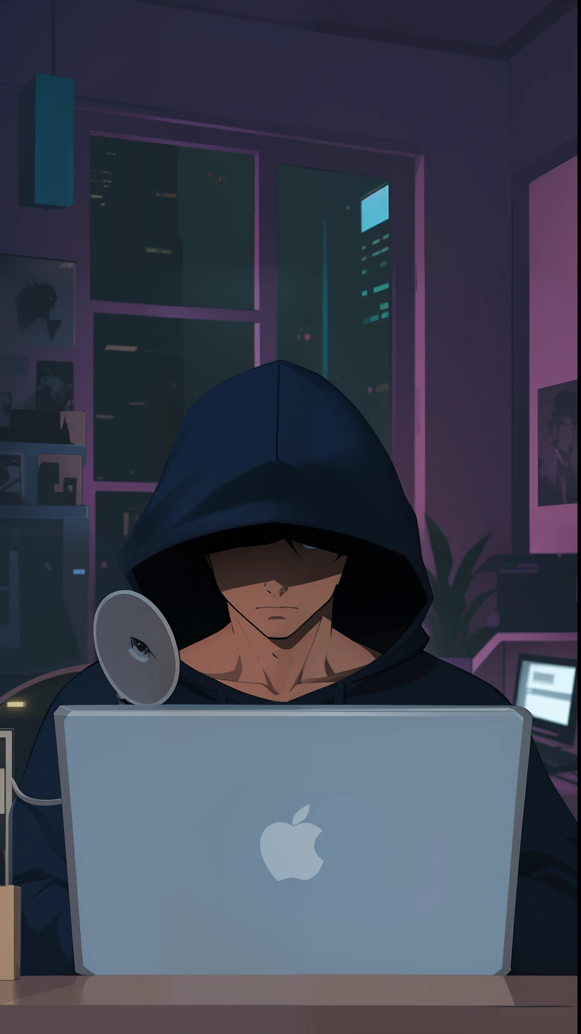A 17-year-old boy sitting in his room cyberpunk style room with hero decoration, The boy is sitting facing him with a computer open, The boy is in a dark-hued hoodie, The art style is in the drawing