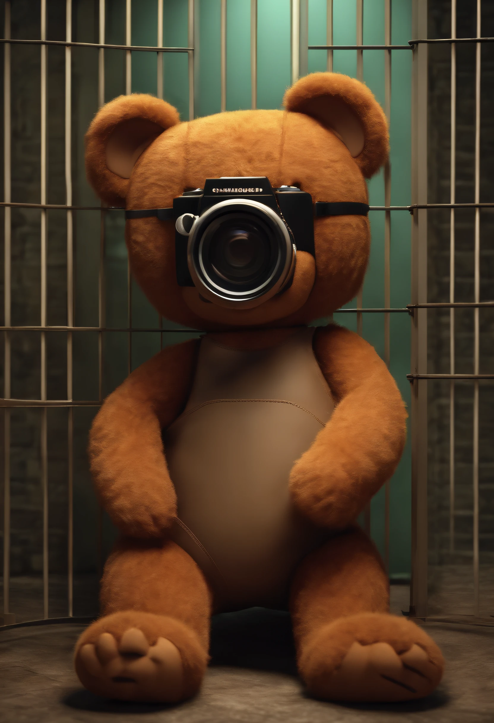 3D cartoon teddy bear taking picture of 4K American inmate