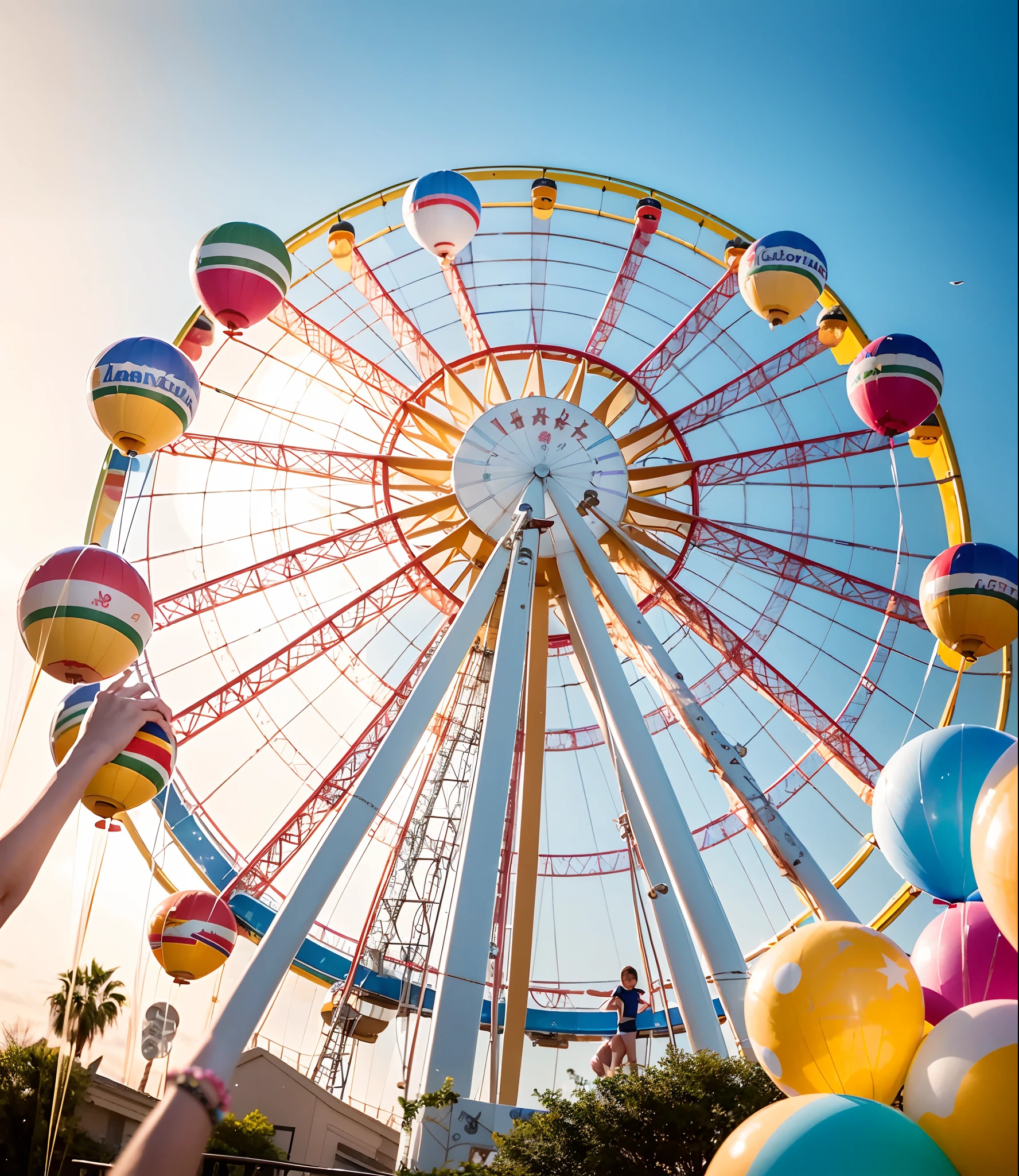 A joyous amusement park,and the sun was shining brightly,Balloons flying,The children laughed,There is a huge Ferris wheel in the amusement park,Portrait Photogram,7 girl,(Transparent 0.01)比基尼,Natural soft light,Mid-range lens,8k sexy girl pose, Very sexy pose, Tease