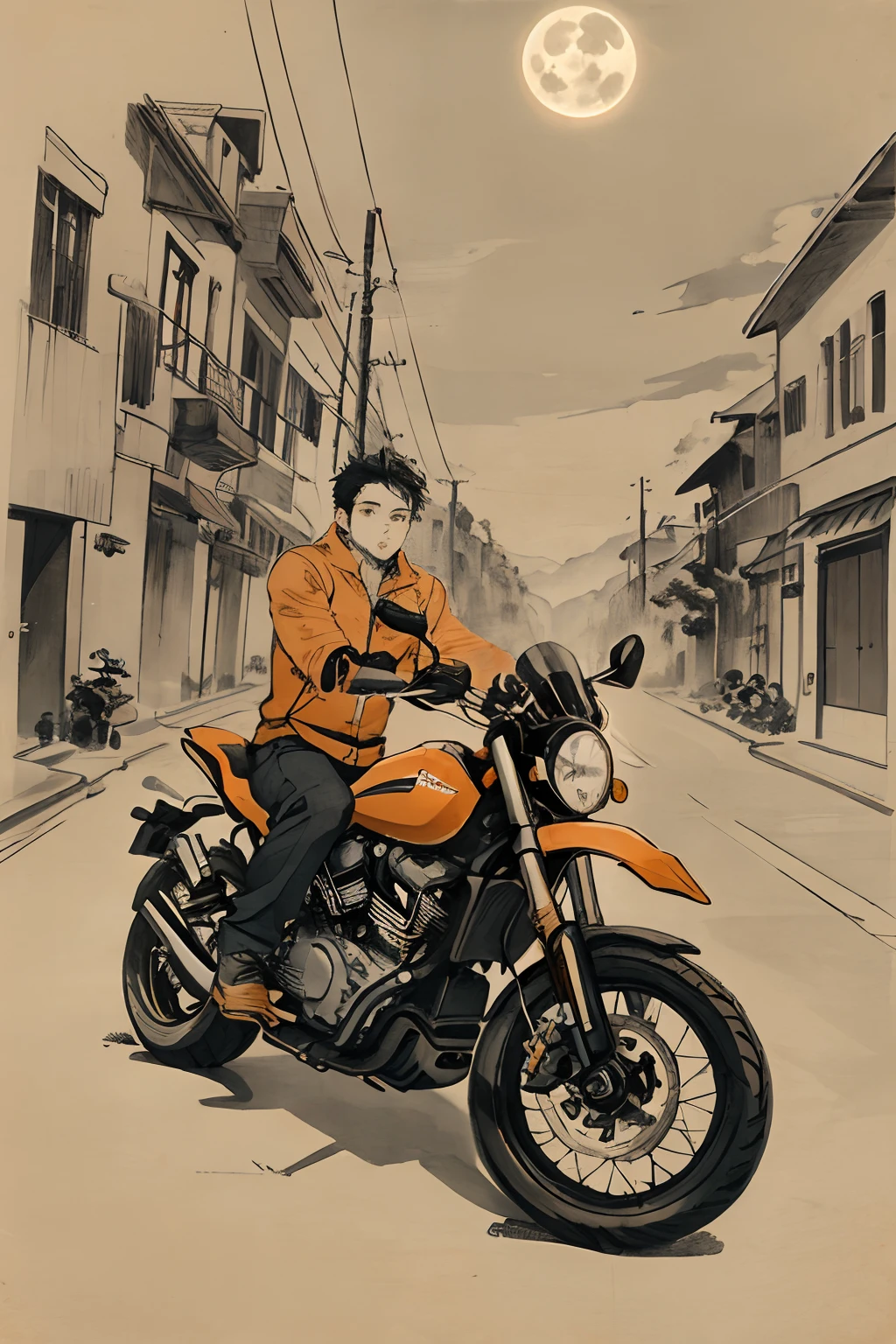 A young man on his cool motorbike was stopping , orange, coll, dark , masterpiece, full moon, alley
