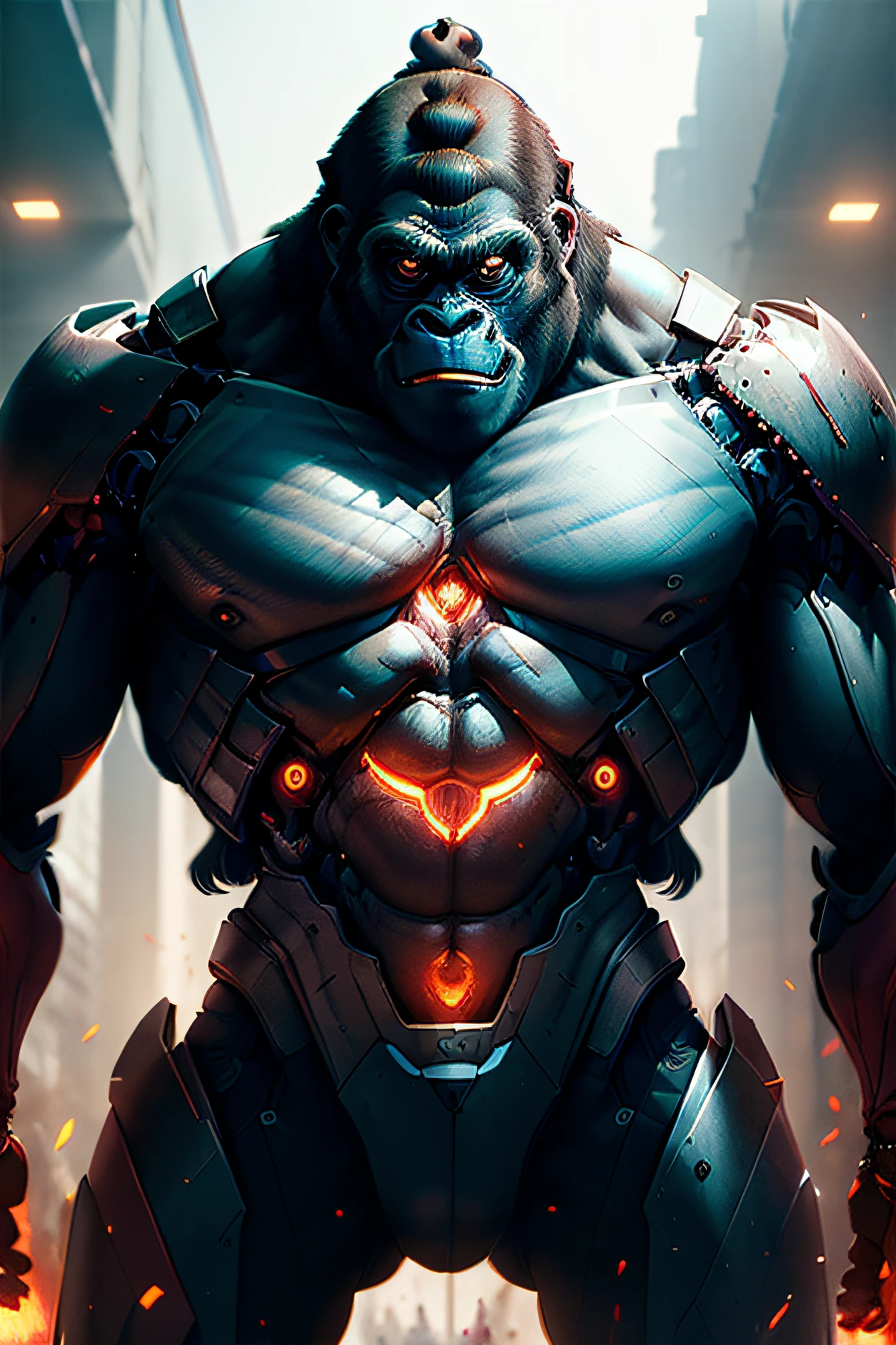 um (((Evil male gorilla made of steel))), (cyborg), de costas, imagem corpo inteiro do gorila, sem cortes, ultra-detalhado, Rosto detalhado, feito de metal, Professional vector illustration, imagem inteira, sem corte, HDR, hiper-detalhado:1.2), cinematic picture, To the left of the image, imagem total