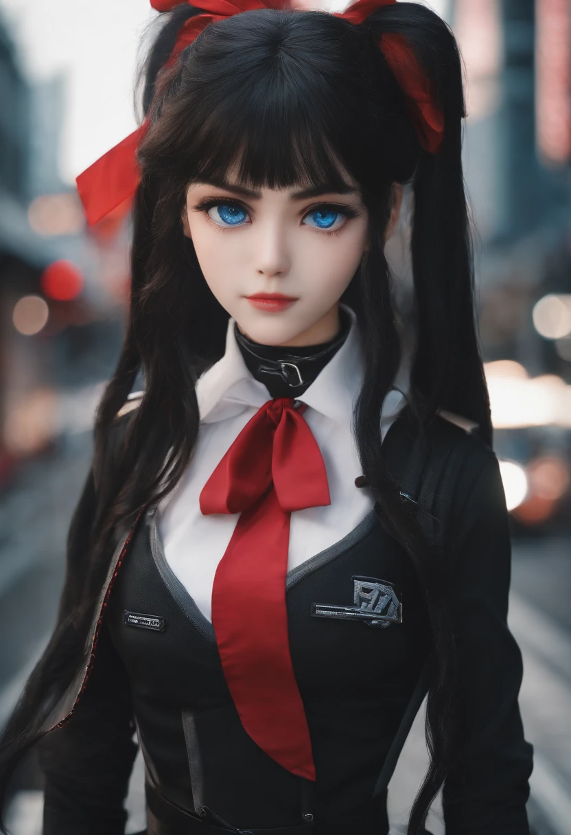 1girl, tohsaka rin, solo, long hair, black ops tactical vest, looking at viewer, tokyo street background, black hair, two side up, turtleneck, blue eyes, lips, closed mouth, ribbon, hair ribbon, bangs, upper body, 6 pack abs, parted bangs, black ribbon, ribbed sweater, twintails, nose,