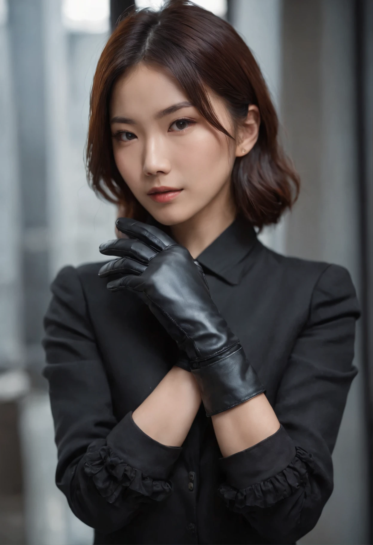 A young Japanese woman holding a black suit up to a shirt, a black leather glove worn in both hands, a woman's hand with a black suit and black leather gloves in front of her