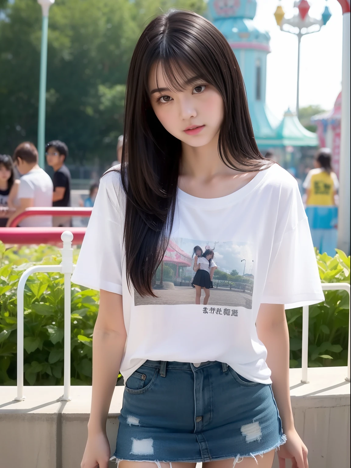 年轻,(Very big T-shirt,a miniskirt),teens girl,Delicate body,petite body,Delicate body,small tits,tiny chest,Short,A dark-haired,Very Longhair,a shower,An amusement park,Looks Back