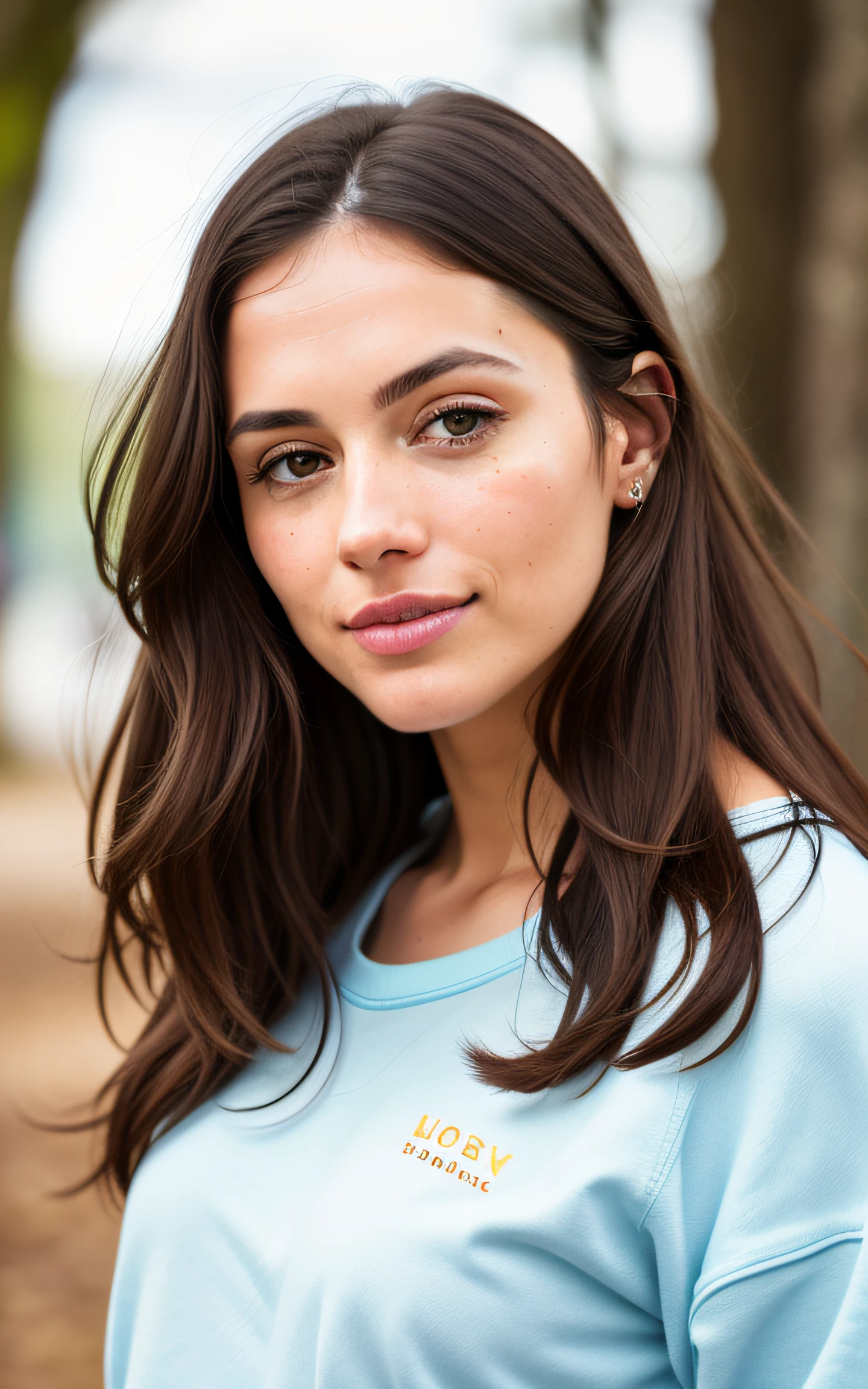 cute beautiful brunette, wearing a spring outfit, wearing sweatshirt, full body, perfect angle, very detailed, 32 years old, messy long hair, brown eyes, high-res, masterpiece, best quality,intricate details, highly detailed,sharp focus, detailed skin,realistic skin texture,texture, detailed eyes, professional, 4k, smile, shot on Canon, 85mm,shallow depth of field,kodak vision color, eyeshadow, extremely detailed, photo_\(ultra\), photorealistic, realistic, post-processing, max detail, roughness, real life, ultra realistic, photorealism, photography, 8k uhd, photography, braless, pokies, biometric