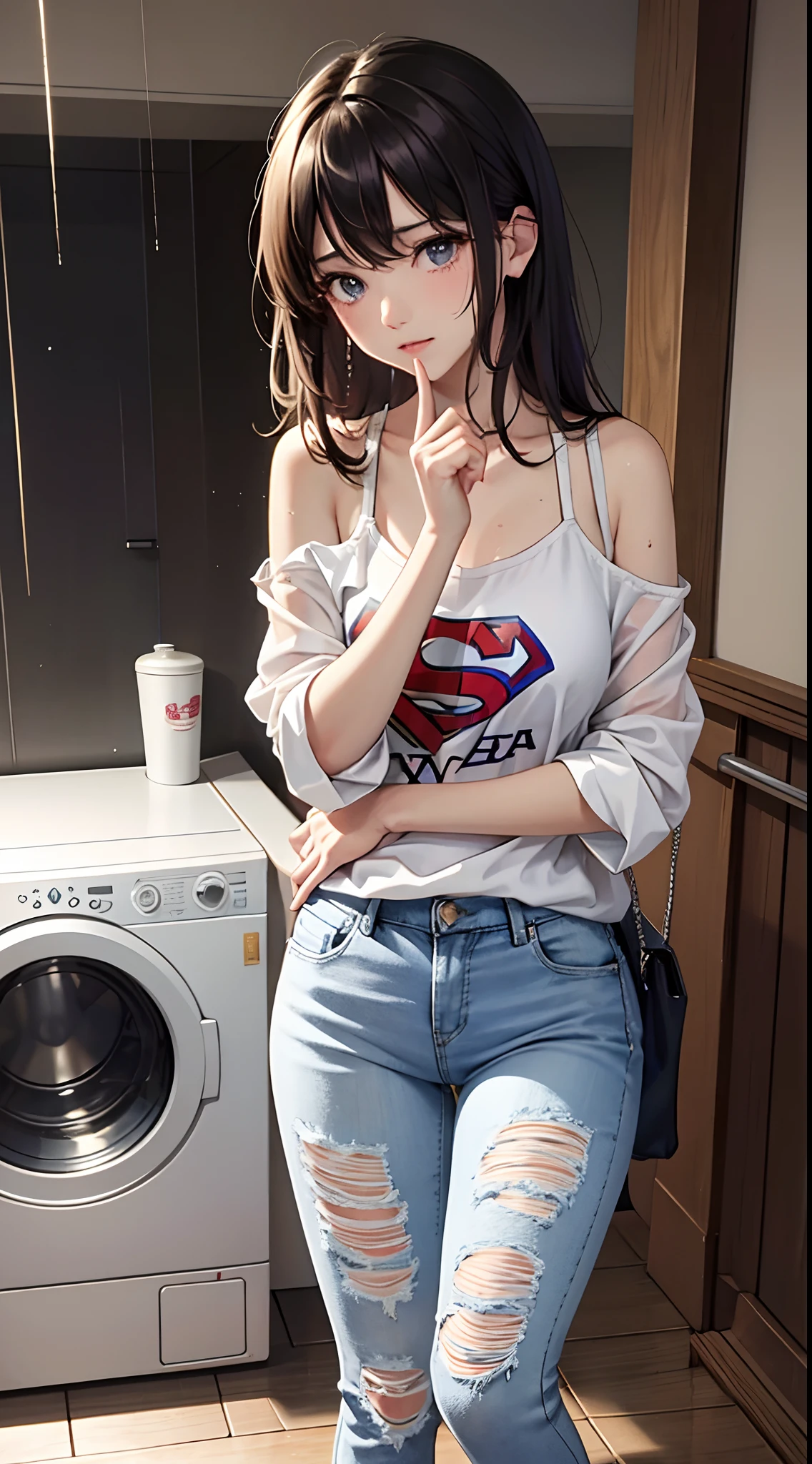 Best Picture Quality, tmasterpiece, 超高分辨率, (fidelity:1.4), photore, 1 rapariga,supergirl,white shirt,worn jeans,White sneakers, dimly lit, darkly, be desperate, pitying, cute little, cinematic ligh, tears, tear drop, (torn laundry:1.5), (wetclothes:1.4), exposed bare shoulders, Real rain, Wet hair,..