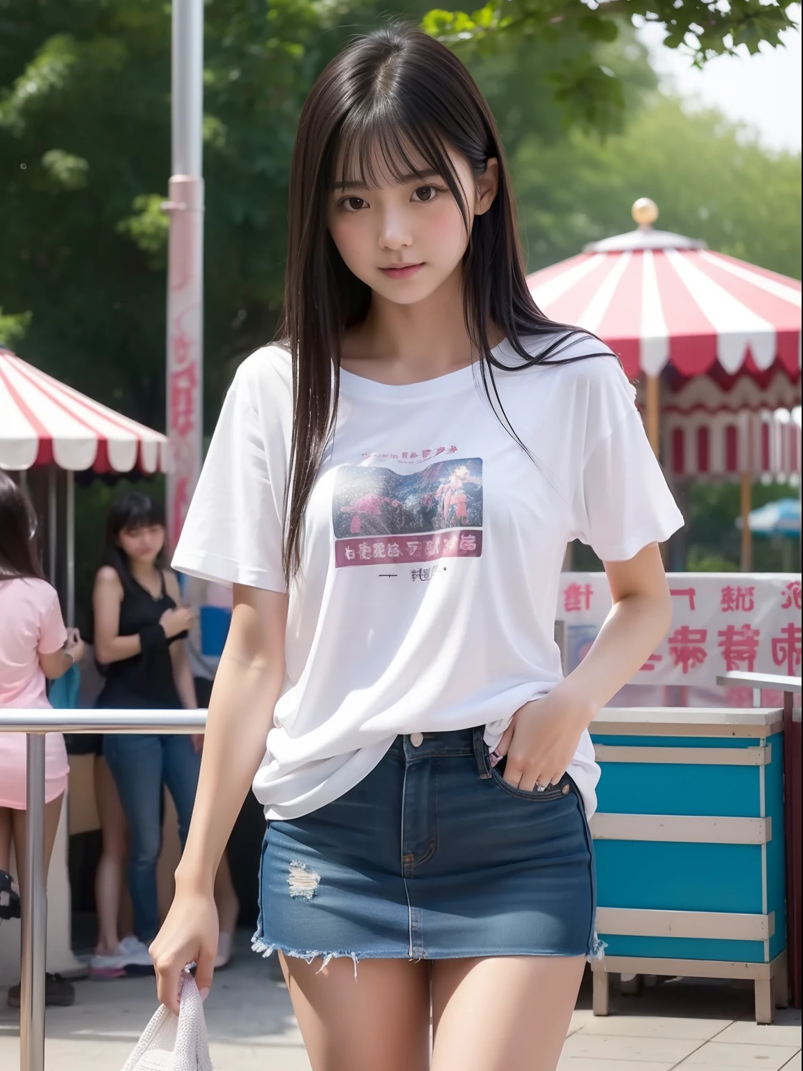 年轻,(large t-shirts,a miniskirt),teens girl,Delicate body,petite body,Delicate body,small tits,tiny chest,Short,A dark-haired,Very Longhair,a shower,An amusement park,Looks Back