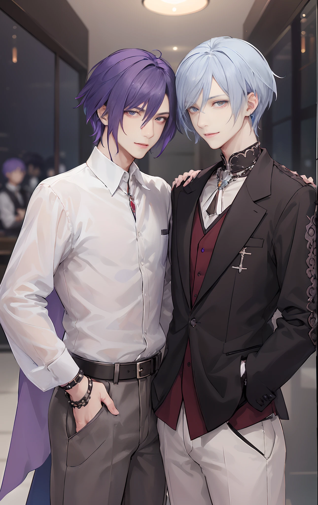 masterpiece, top-quality, 2Others, Male couple, 1 man and 1,, Adults, Height difference, different fashion, different color, finely eye and detailed face, intricate detailes, Casual clothing, window, A smile, Happiness, tenderness, queers, Boys Love, high-level image quality、 selfee, Two beautiful men、tall、The upper part of the body、nightfall、nighttime scene、𝓡𝓸𝓶𝓪𝓷𝓽𝓲𝓬、Korean Male, Idol Photos, k pop, Professional Photos, Vampires, Korean fashion in black and white, Fedoman with necklace, inspired by Sim Sa-jeong, androgynous vampire, :9 detailed face: 8, extra detailed face, detailed punk hair, ((eyes are brown)) baggy eyes, Seductive. Highly detailed, semi realistic anime, Vampires, hyperrealistic teen, delicate androgynous prince, imvu, short hair above the ears, Man with short hair, With a purple-haired man with a wild expression, Man with light blue hair with gentle expression, ((With a short-haired man with bright purple hair)), ((Man with light blue hair))