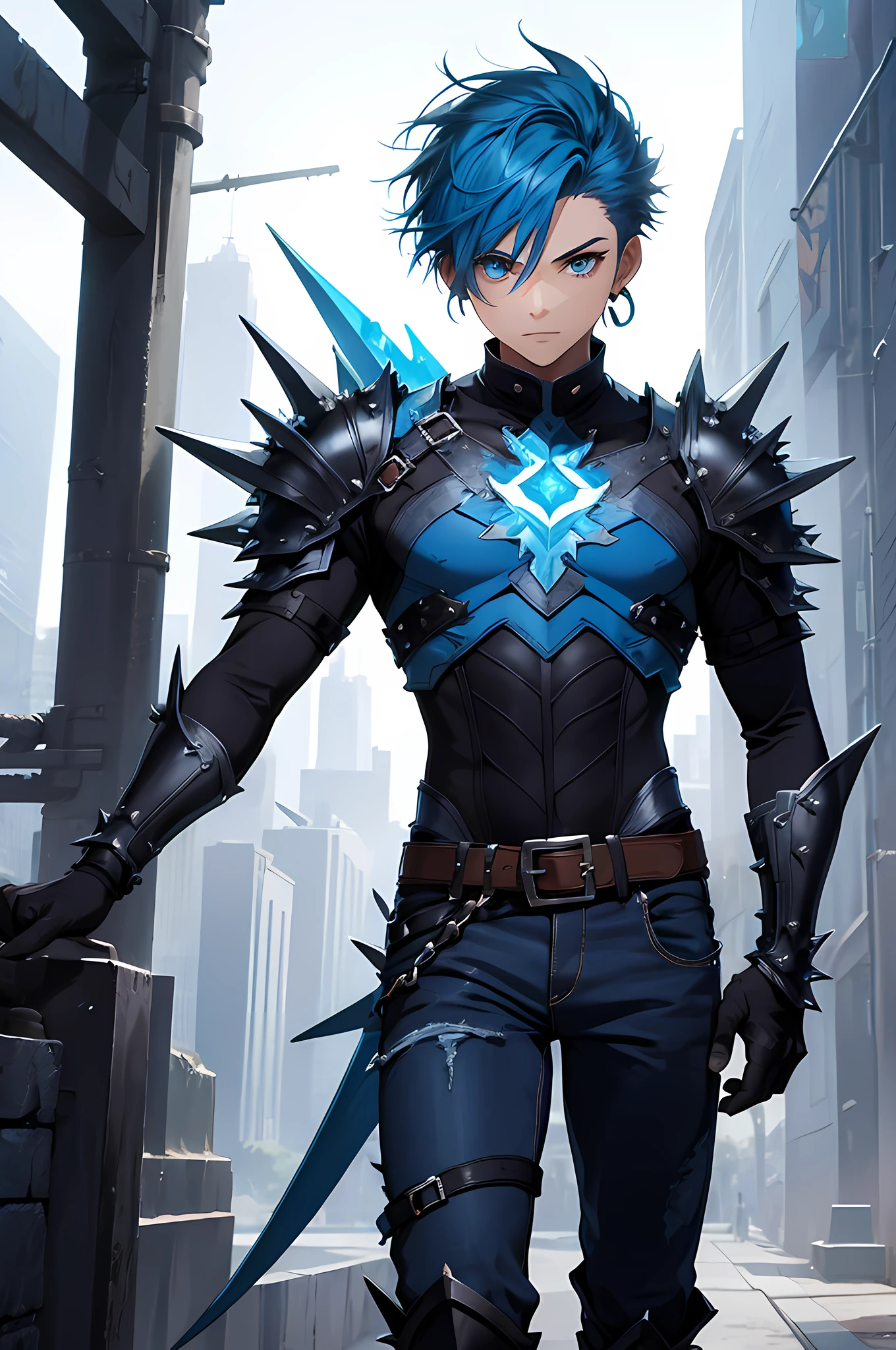 a boy, blue hair, spikey, fantasy flowing armor outfit, basic jeans, lumionious colors, abstract