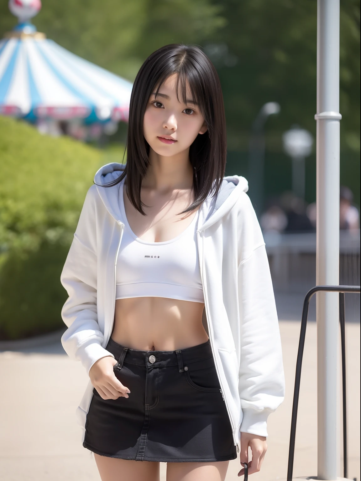 年轻，(a miniskirt)，Mokomoko's hoodie，teens girl，Delicate body，petite body，Delicate body，small tits，tiny chest，Short，A dark-haired，Very Longhair，a shower，An amusement park，Looks Back