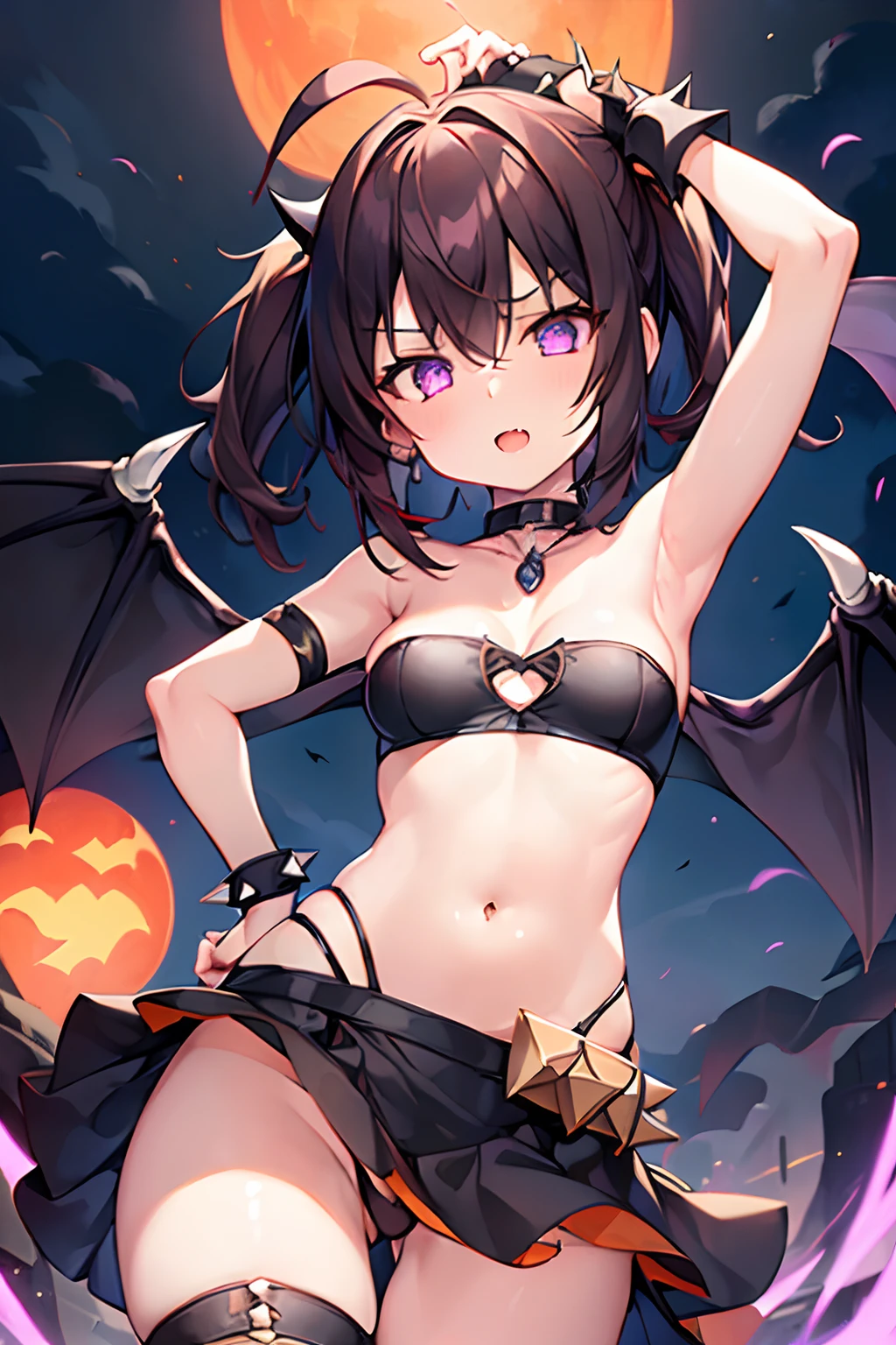 (1girl in:1.2), (Solo:1.2) , Brilliant Textured Work, top-quality, ite, lol childyear olbe top tee, strapless, orange layered skirt, black spiky boots, black spiky wristbands, spiky choker, (orange hair:1.1), short hair, wavy hair, (violet eyes:1.1), shiny hair, evil smile, standing, contrapposto, hand on hip, Evil Female Executive, villainess, Evil Fall, darkness, Downtown at night, Concrete roads, large breasts, (empty eyes:1.5), (Forcibly fitted gem:1.2), corrupted gem , eyeball gem, (cracked gem:1.2), curse seal, (parasite eroded gem:1.1), Heart-shaped tattoo on the lower abdomen, eroded, bat wings, open mouth, large fang, full moon, red moon, huge ahoge, black devilish horn, skinny legs, underboob,